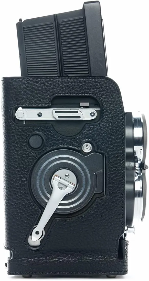 Handmade Genuine Real Leather Half Camera Case Bag Cover for Rolleiflex 2.8GX with Scissor Clip Black Leather Black Stitching