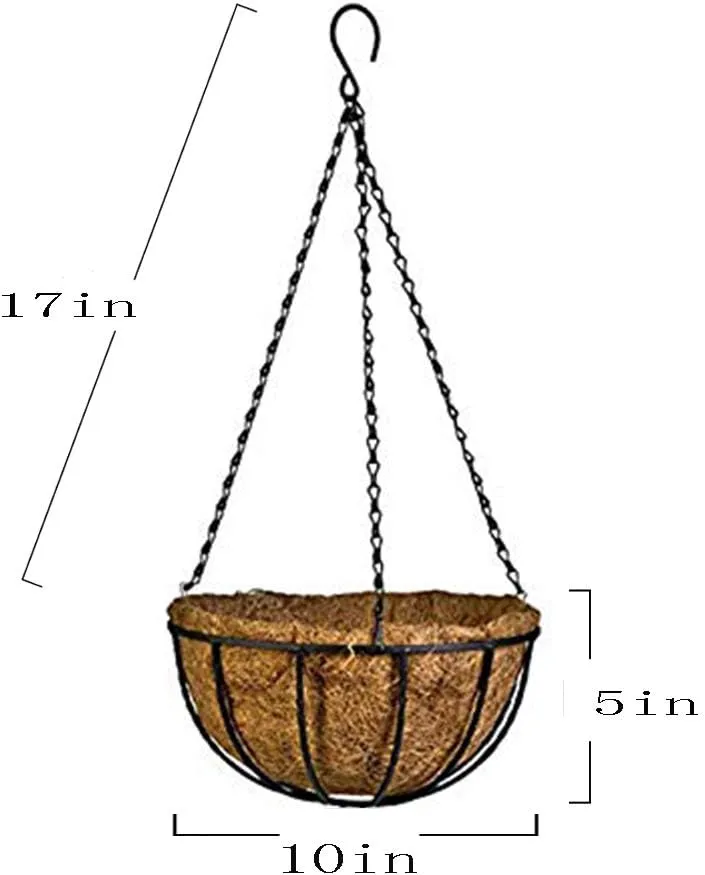 Hanging Baskets for Plants with Coco Coir Liner 10'' Round Wire Hanging Planter Holder with Chain Decor Porch Garden Flower Pot Indoor Outdoor Watering，2 Pack