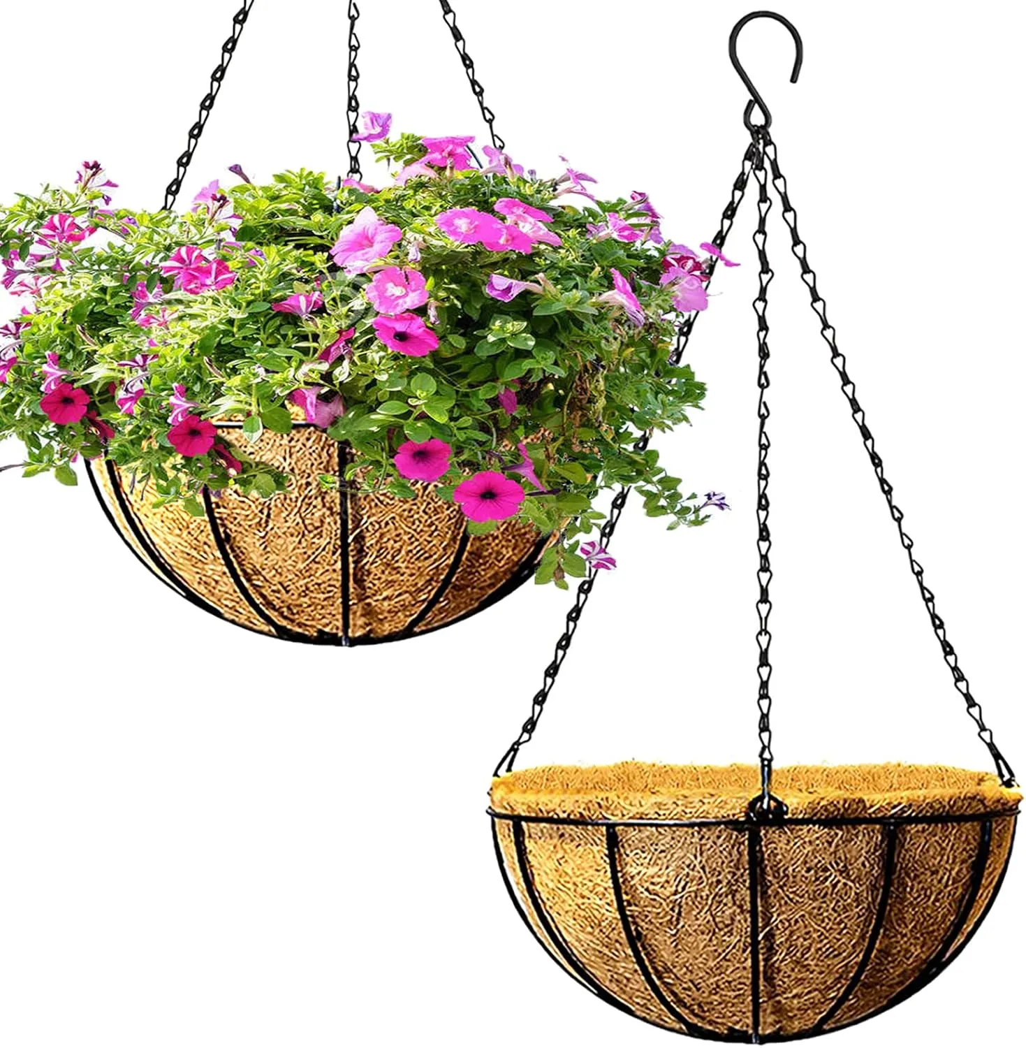 Hanging Baskets for Plants with Coco Coir Liner 10'' Round Wire Hanging Planter Holder with Chain Decor Porch Garden Flower Pot Indoor Outdoor Watering，2 Pack