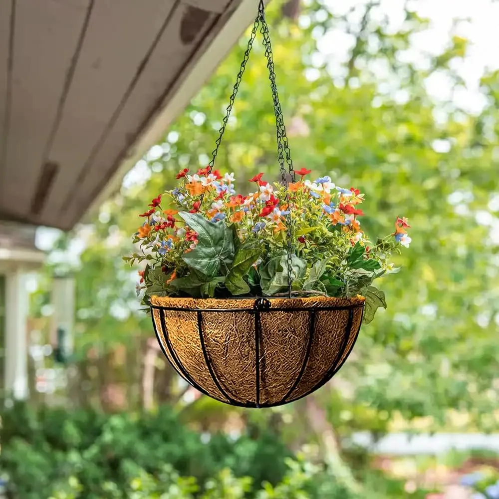 Hanging Baskets for Plants with Coco Coir Liner 10'' Round Wire Hanging Planter Holder with Chain Decor Porch Garden Flower Pot Indoor Outdoor Watering，2 Pack