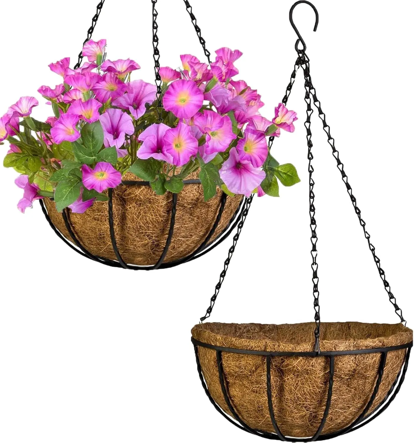 Hanging Baskets for Plants with Coco Coir Liner 10'' Round Wire Hanging Planter Holder with Chain Decor Porch Garden Flower Pot Indoor Outdoor Watering，2 Pack