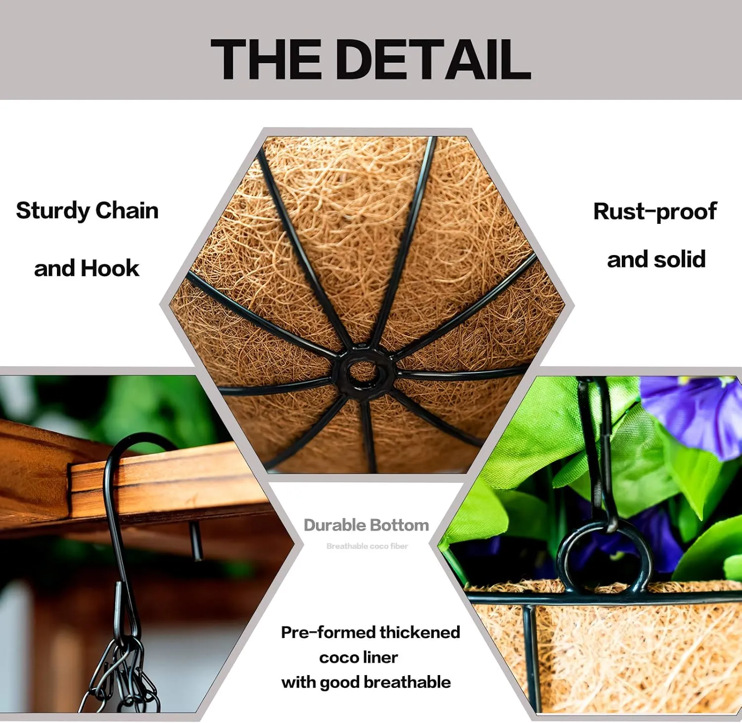 Hanging Baskets for Plants with Coco Coir Liner 10'' Round Wire Hanging Planter Holder with Chain Decor Porch Garden Flower Pot Indoor Outdoor Watering，2 Pack