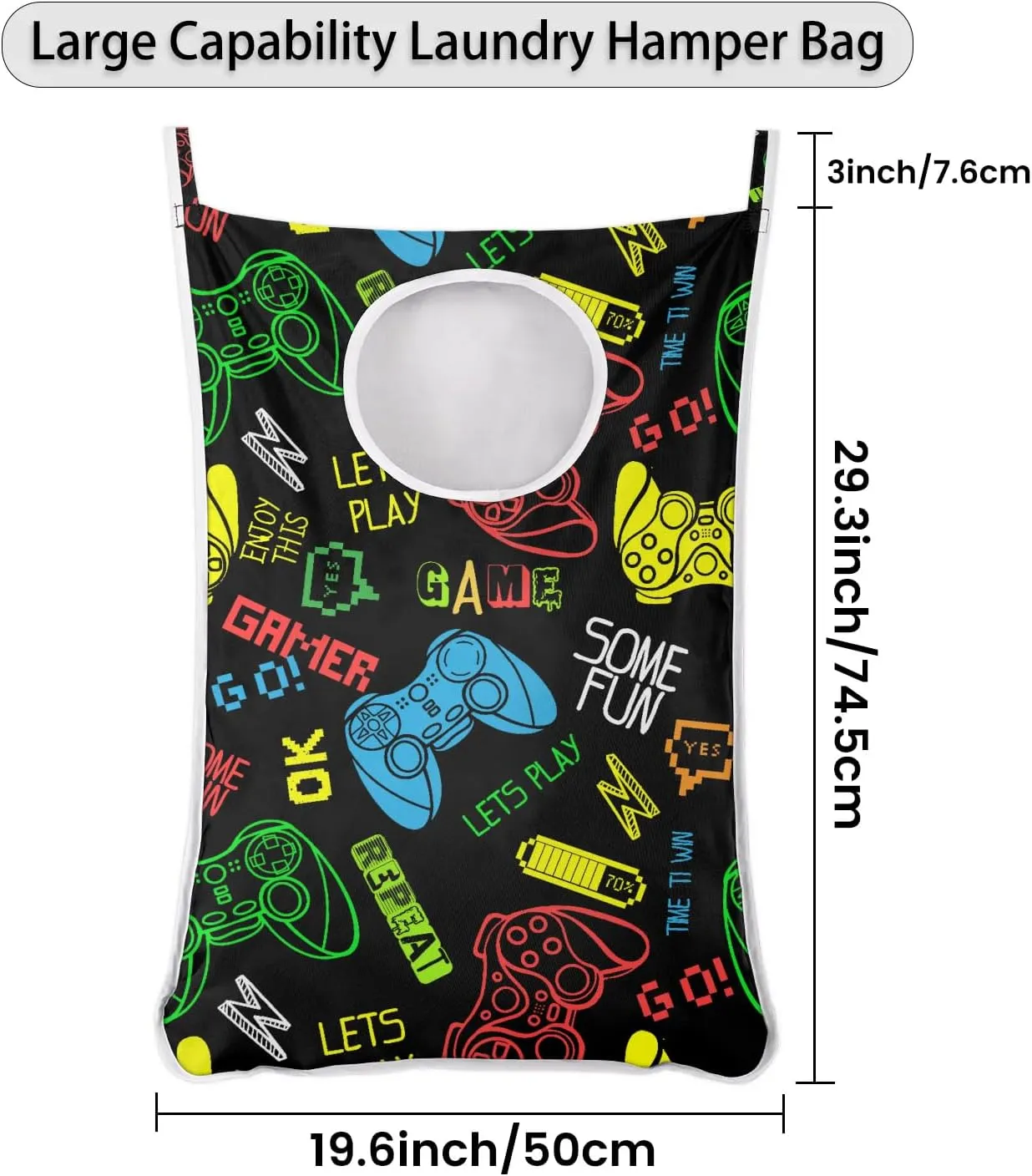 Hanging Laundry Hamper with 2 PCs Over Door Hooks & Adhesive, Gamer Gamepad Collapsible Large Dorm Laundry Storage Bag for Holding Dirty Clothes and Saving Space, 30"x20"