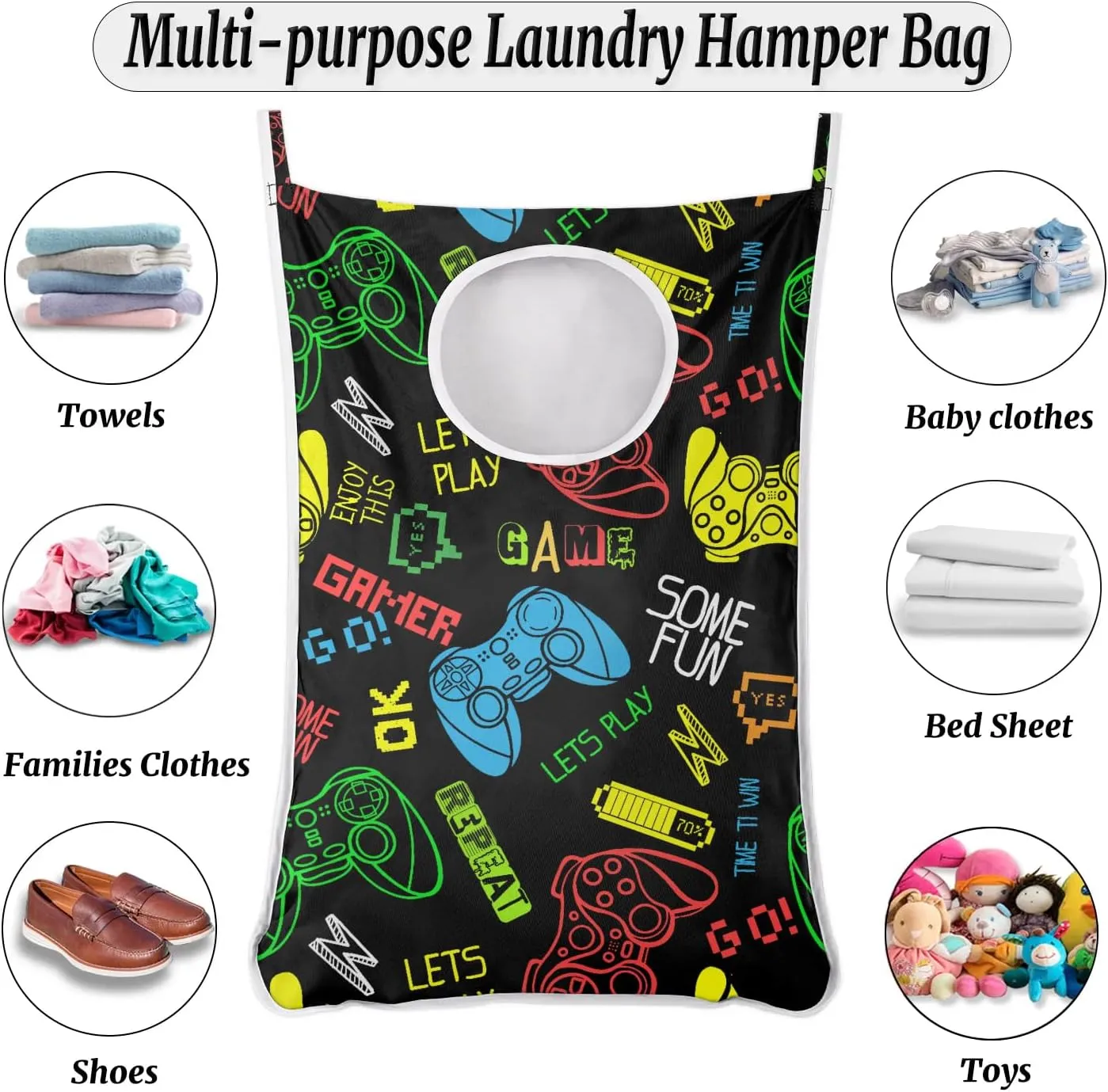 Hanging Laundry Hamper with 2 PCs Over Door Hooks & Adhesive, Gamer Gamepad Collapsible Large Dorm Laundry Storage Bag for Holding Dirty Clothes and Saving Space, 30"x20"