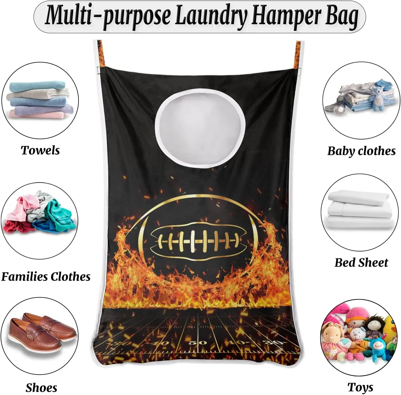 Hanging Laundry Hamper with 2 PCs Over Door Hooks & Adhesive, Gold Football Collapsible Large Dorm Laundry Storage Bag for Holding Dirty Clothes and Saving Space, 30"x20"