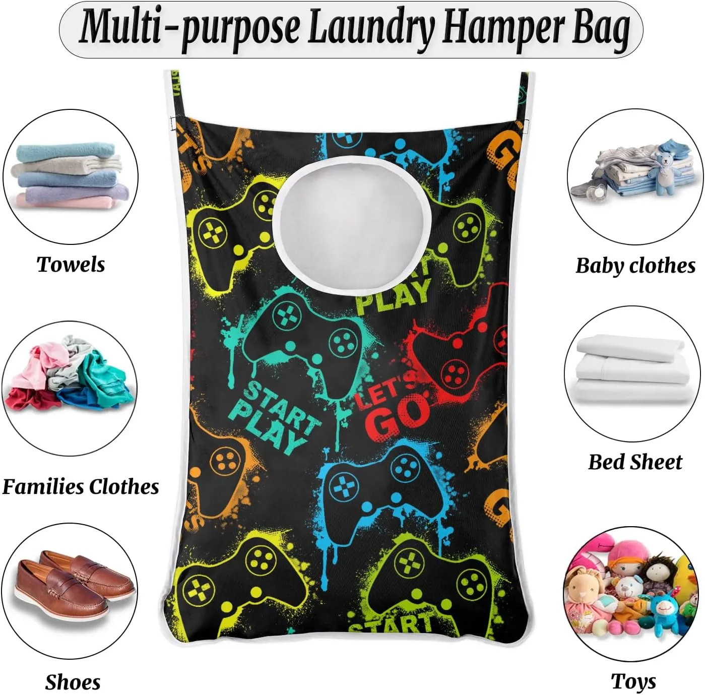 Hanging Laundry Hamper with 2 PCs Over Door Hooks & Adhesive, Video Games Collapsible Large Dorm Laundry Storage Bag for Holding Dirty Clothes and Saving Space, 30"x20"