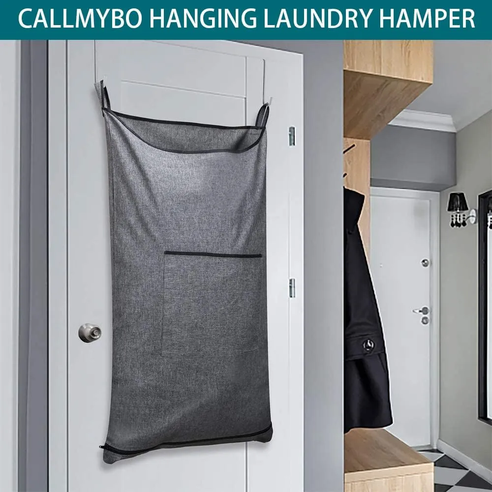 Hanging Laundry Hamper,Door Hanging Hamper with Width Opening, Door Hanging Laundry bag with hooks, Laundry Collector and Over Door Storage Bag, 36x22 Inch,Grey.