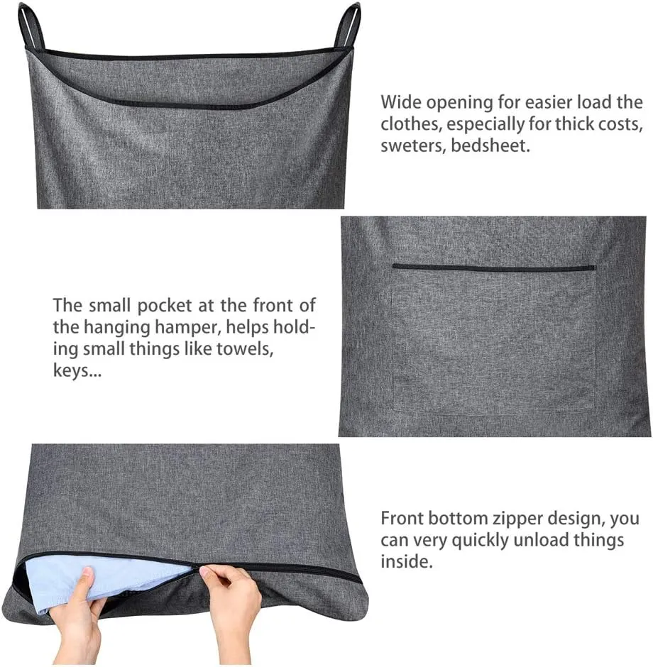 Hanging Laundry Hamper,Door Hanging Hamper with Width Opening, Door Hanging Laundry bag with hooks, Laundry Collector and Over Door Storage Bag, 36x22 Inch,Grey.