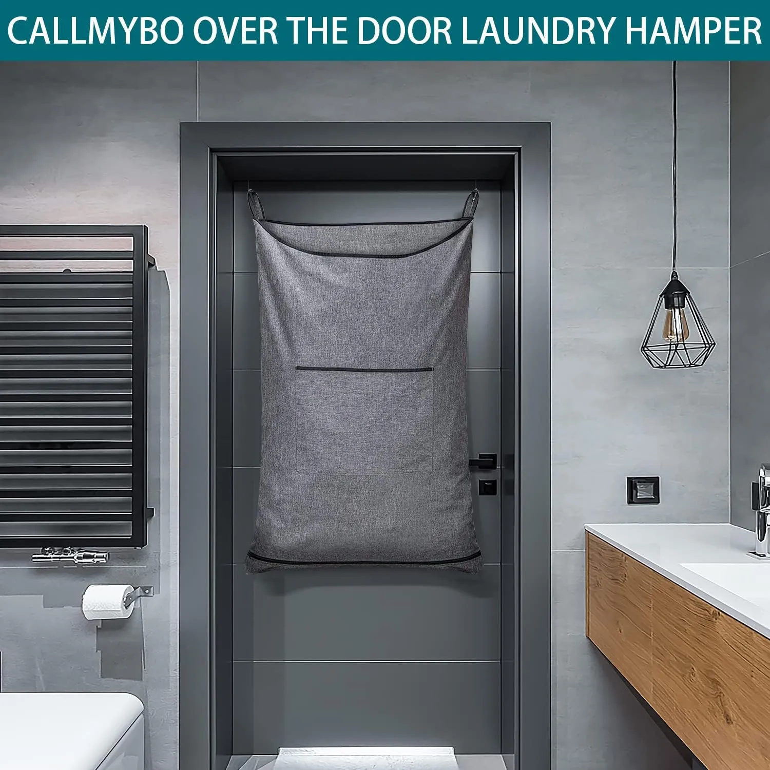 Hanging Laundry Hamper,Door Hanging Hamper with Width Opening, Door Hanging Laundry bag with hooks, Laundry Collector and Over Door Storage Bag, 36x22 Inch,Grey.