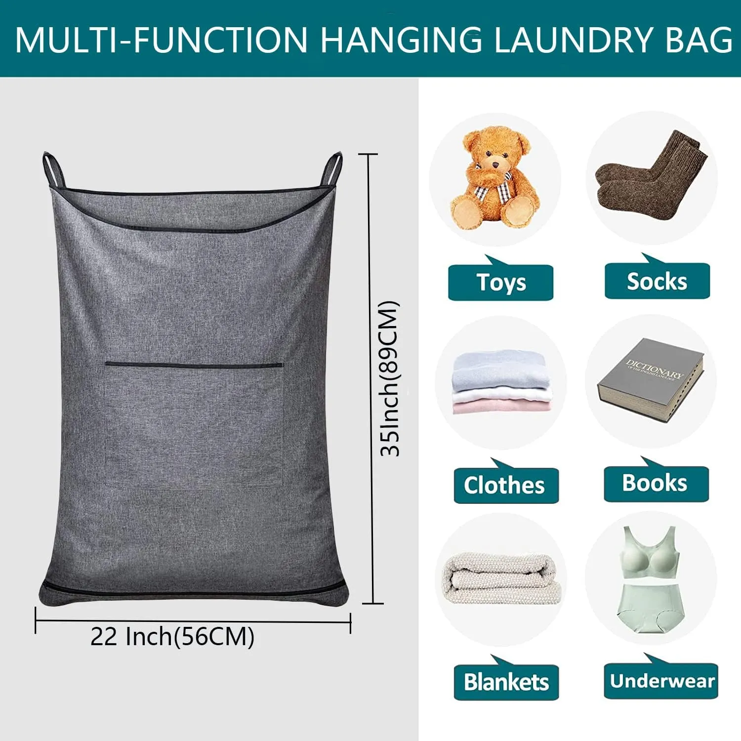 Hanging Laundry Hamper,Door Hanging Hamper with Width Opening, Door Hanging Laundry bag with hooks, Laundry Collector and Over Door Storage Bag, 36x22 Inch,Grey.