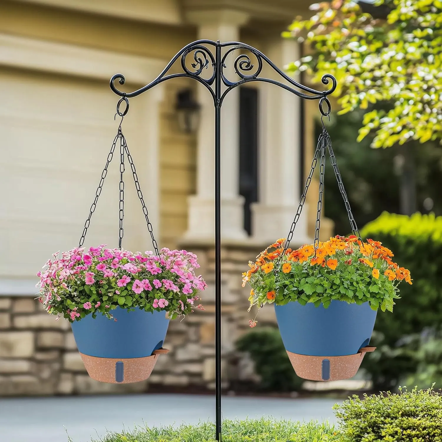 Hanging Planter Self Watering 10 Inch, 2 Pack Hanging Baskets for Plants, Hanging Flower Pots with Drainage Hole & 2 Kinds of Plant Hangers for Garden Home Decor (Navy Blue, 10 Inch)