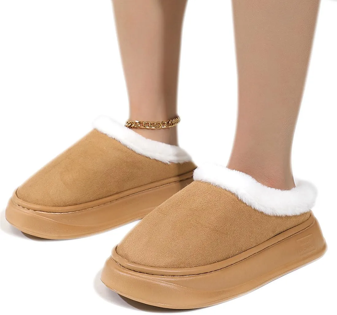 Harssidanzar Women's Platform Mini Boots Slippers for Women Suede Short Ankle Indoor Slippers Slip on Fur Fleece Lined HL210US