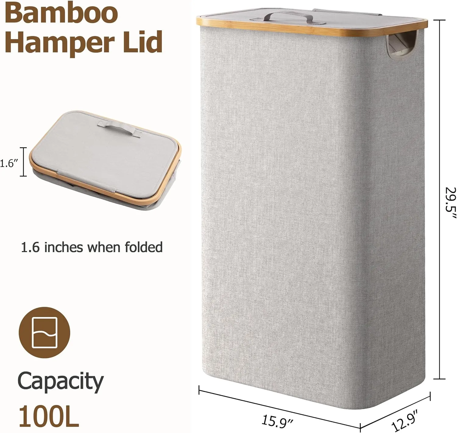 HBlife 100L Large Laundry Hamper with Lid and Removable Inner Bag, Collapsible Dirty Clothes Basket Organizer for Bathroom, Bedroom and Laundry Room, Light Grey