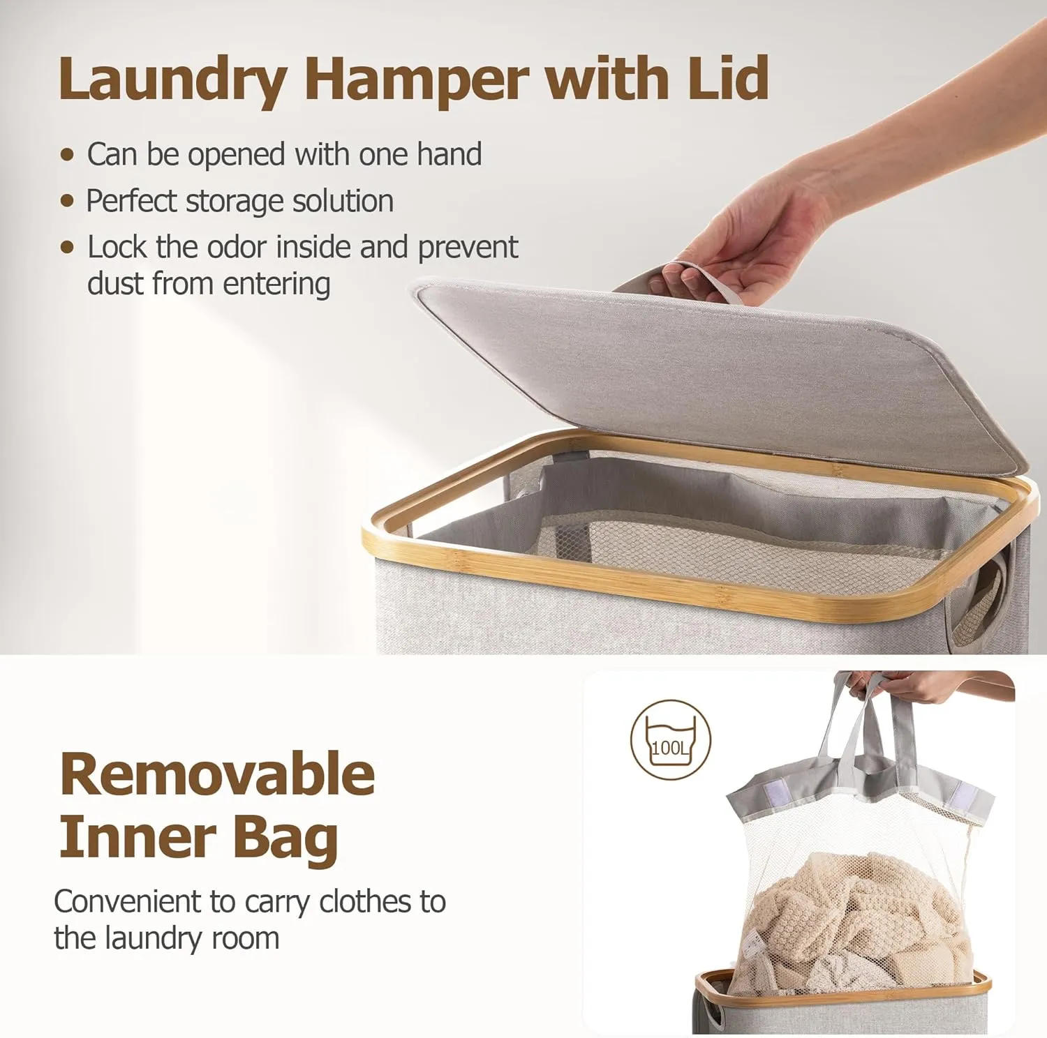 HBlife 100L Large Laundry Hamper with Lid and Removable Inner Bag, Collapsible Dirty Clothes Basket Organizer for Bathroom, Bedroom and Laundry Room, Light Grey