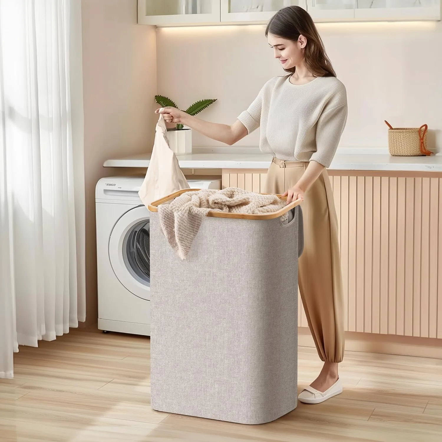 HBlife 100L Large Laundry Hamper with Lid and Removable Inner Bag, Collapsible Dirty Clothes Basket Organizer for Bathroom, Bedroom and Laundry Room, Light Grey