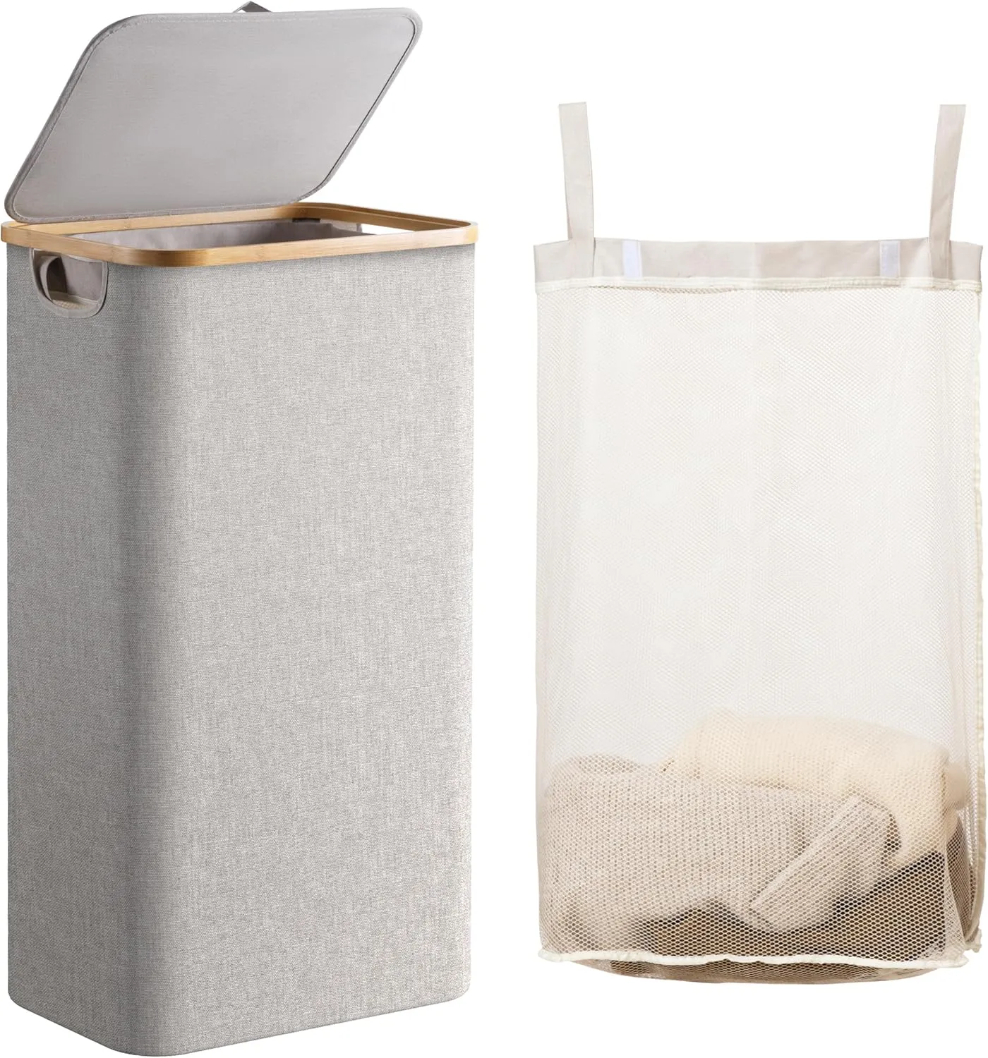 HBlife 100L Large Laundry Hamper with Lid and Removable Inner Bag, Collapsible Dirty Clothes Basket Organizer for Bathroom, Bedroom and Laundry Room, Light Grey