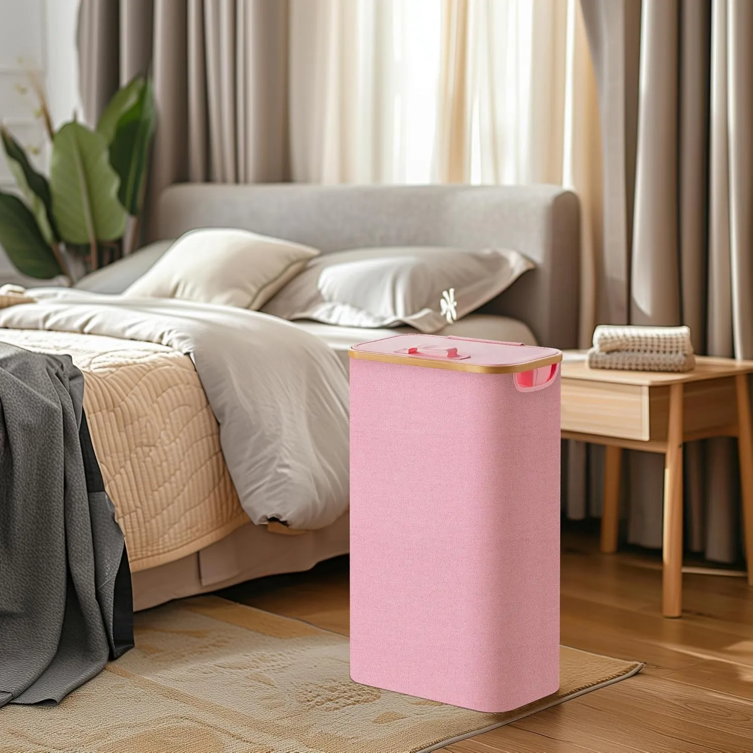 HBlife 60L Slim Laundry Hamper with Lid and Removable Inner Bag, Narrow Collapsible Dirty Clothes Basket for Bathroom, Bedroom and Laundry Room, Pink