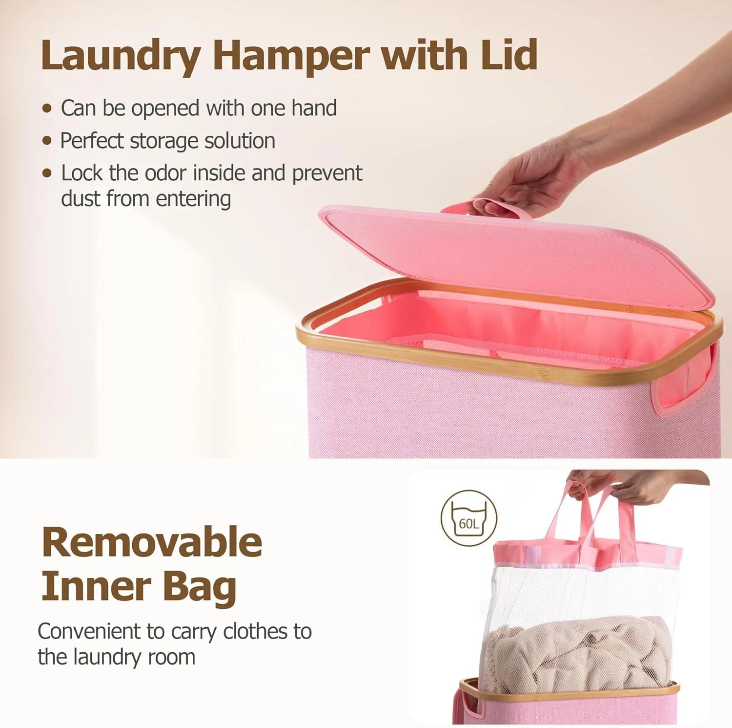 HBlife 60L Slim Laundry Hamper with Lid and Removable Inner Bag, Narrow Collapsible Dirty Clothes Basket for Bathroom, Bedroom and Laundry Room, Pink