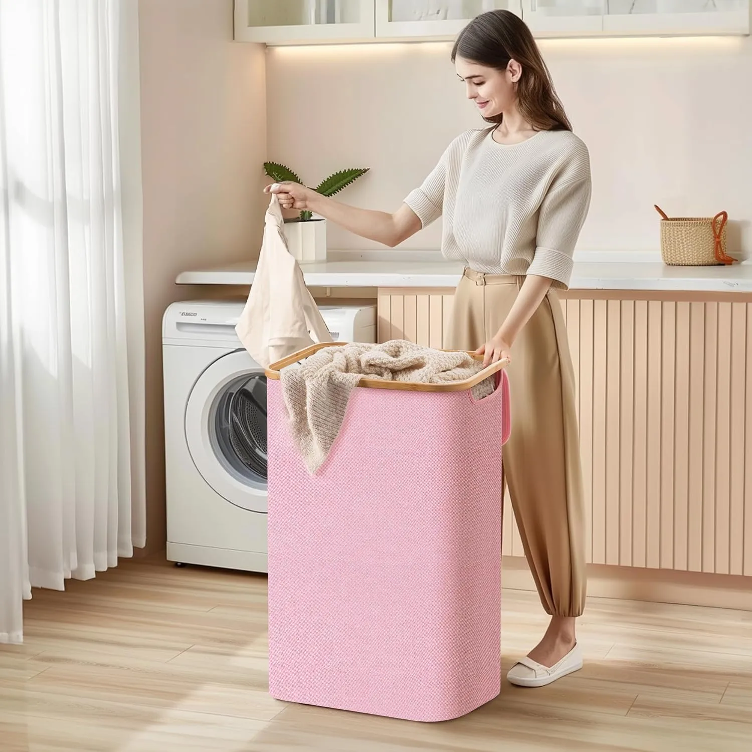 HBlife 60L Slim Laundry Hamper with Lid and Removable Inner Bag, Narrow Collapsible Dirty Clothes Basket for Bathroom, Bedroom and Laundry Room, Pink