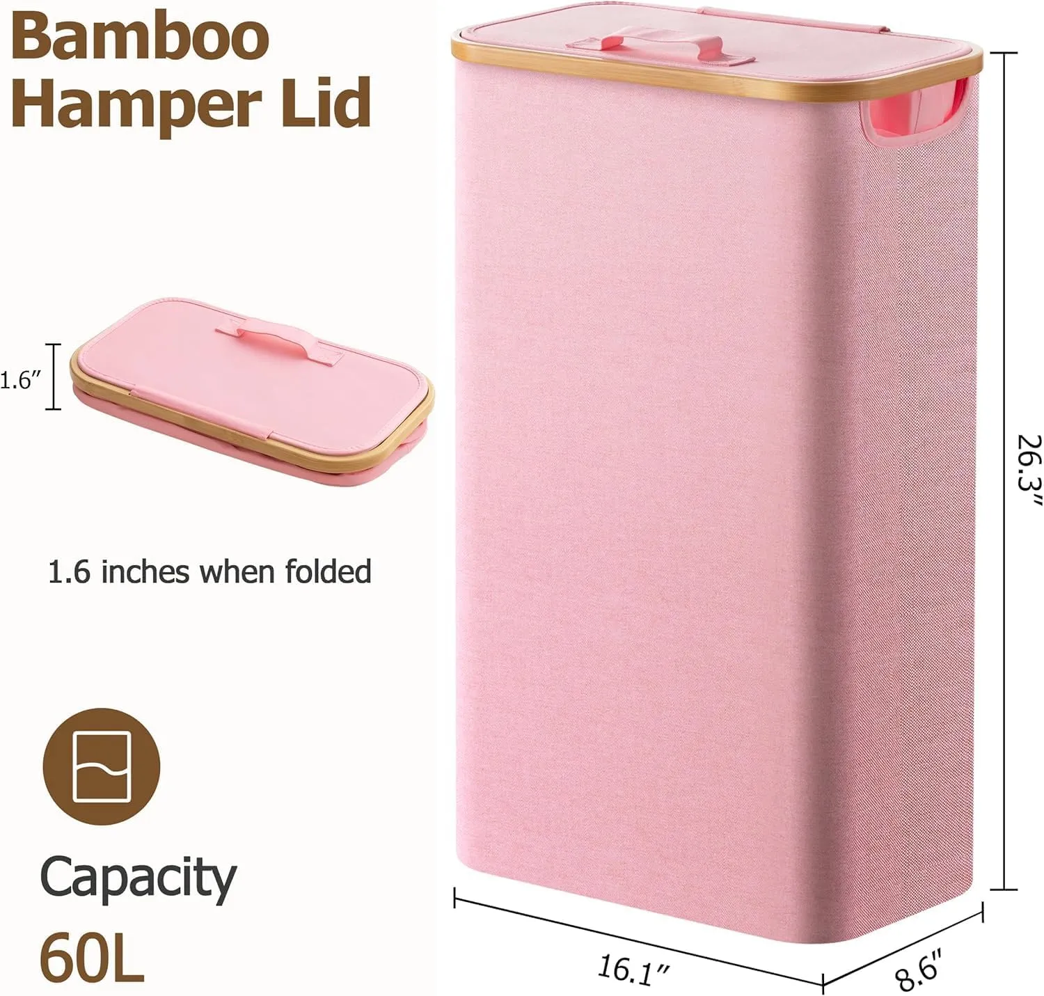 HBlife 60L Slim Laundry Hamper with Lid and Removable Inner Bag, Narrow Collapsible Dirty Clothes Basket for Bathroom, Bedroom and Laundry Room, Pink