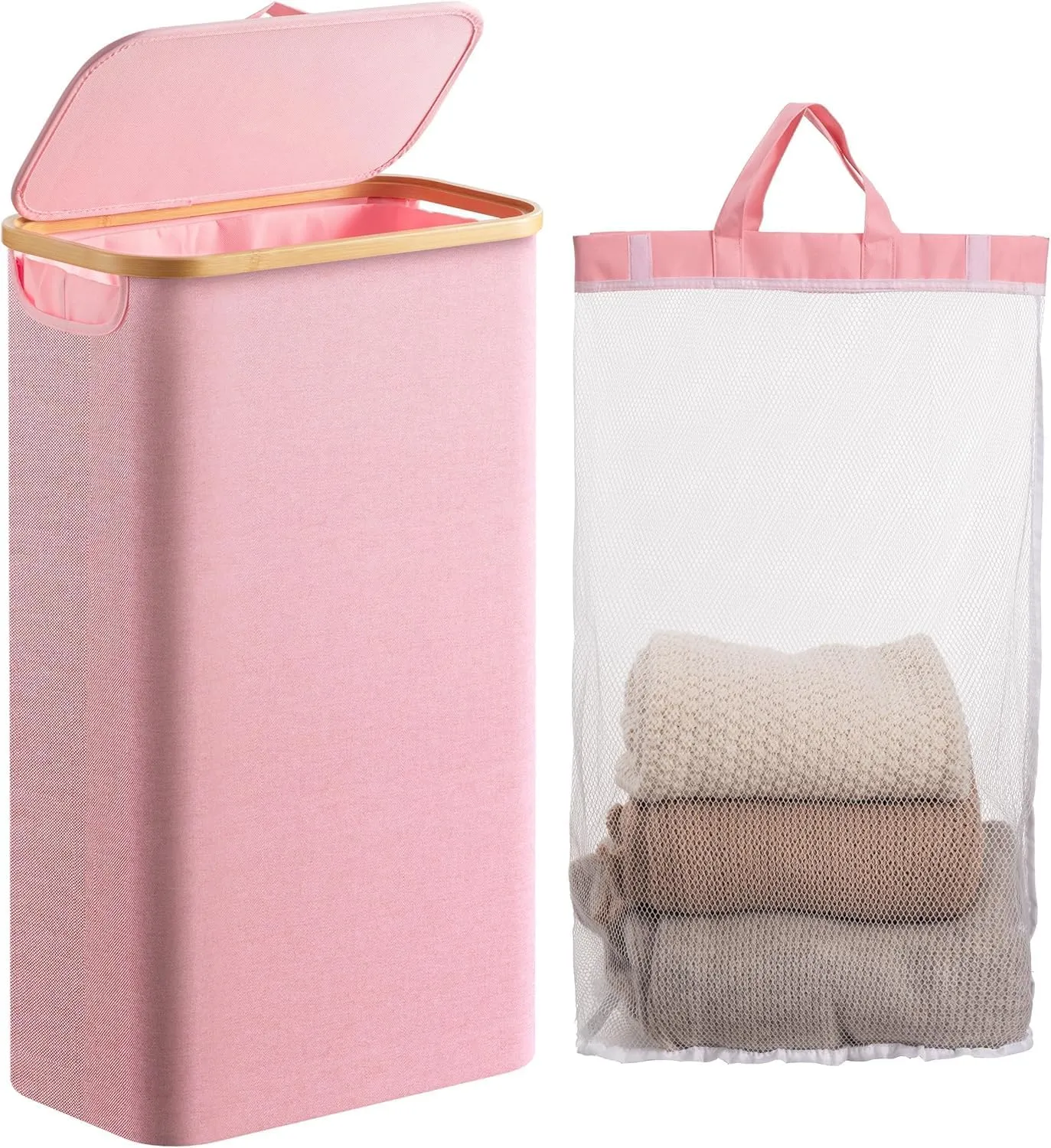 HBlife 60L Slim Laundry Hamper with Lid and Removable Inner Bag, Narrow Collapsible Dirty Clothes Basket for Bathroom, Bedroom and Laundry Room, Pink