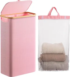 HBlife 60L Slim Laundry Hamper with Lid and Removable Inner Bag, Narrow Collapsible Dirty Clothes Basket for Bathroom, Bedroom and Laundry Room, Pink