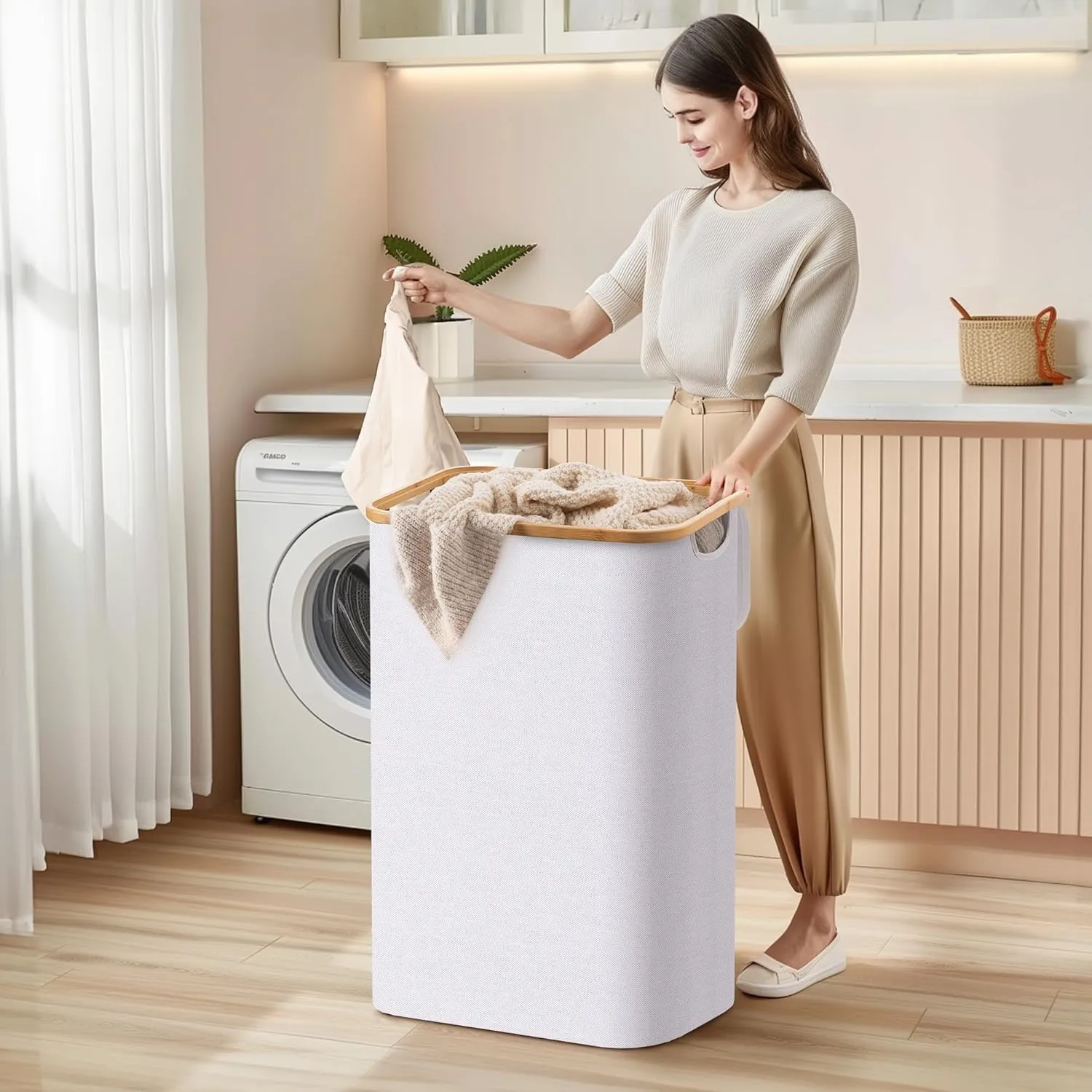 HBlife 60L Slim Laundry Hamper with Lid and Removable Inner Bag, Narrow Collapsible Dirty Clothes Basket for Bathroom, Bedroom and Laundry Room, White
