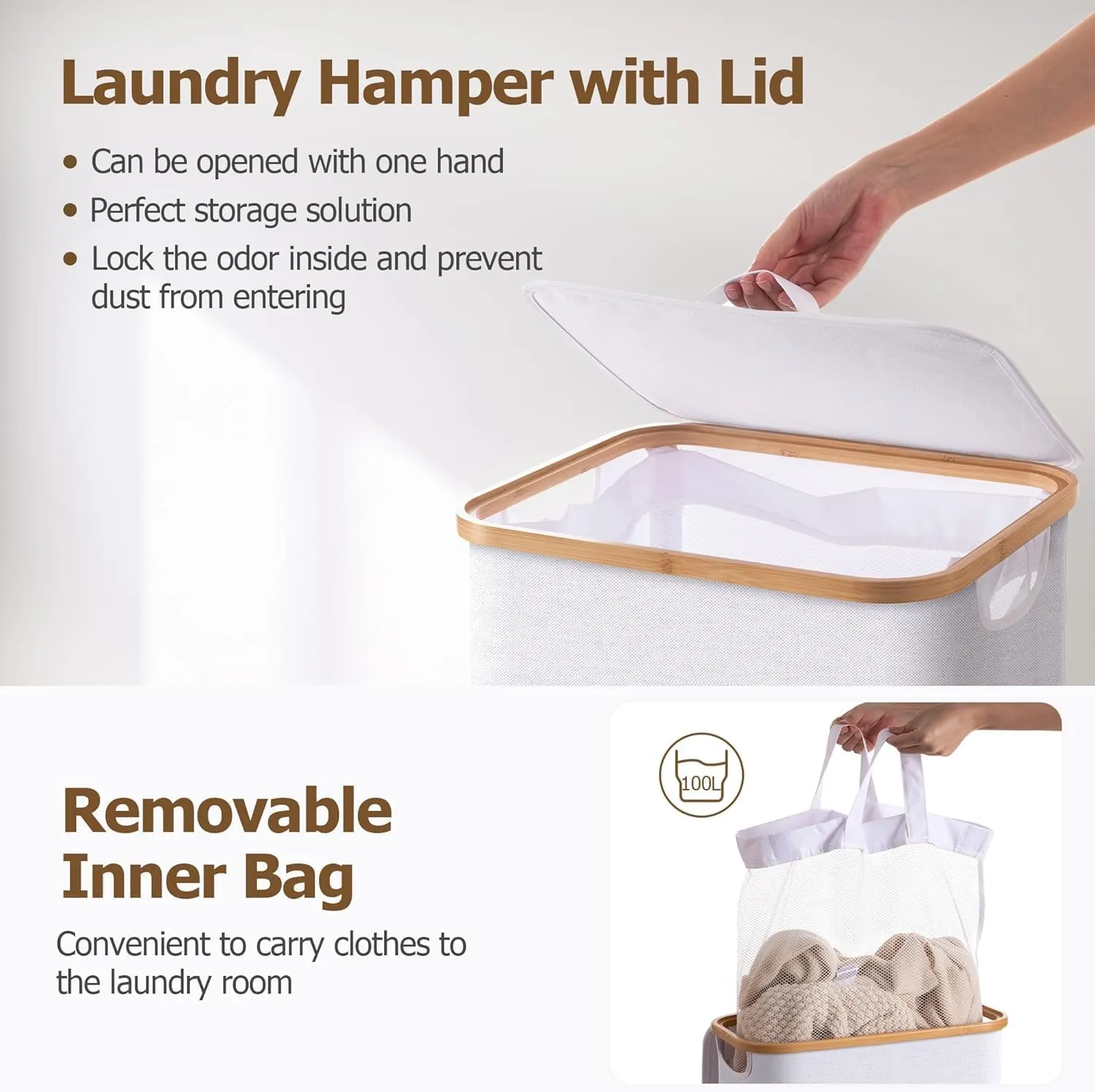 HBlife 60L Slim Laundry Hamper with Lid and Removable Inner Bag, Narrow Collapsible Dirty Clothes Basket for Bathroom, Bedroom and Laundry Room, White