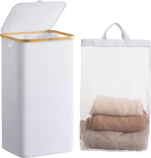 HBlife 60L Slim Laundry Hamper with Lid and Removable Inner Bag, Narrow Collapsible Dirty Clothes Basket for Bathroom, Bedroom and Laundry Room, White