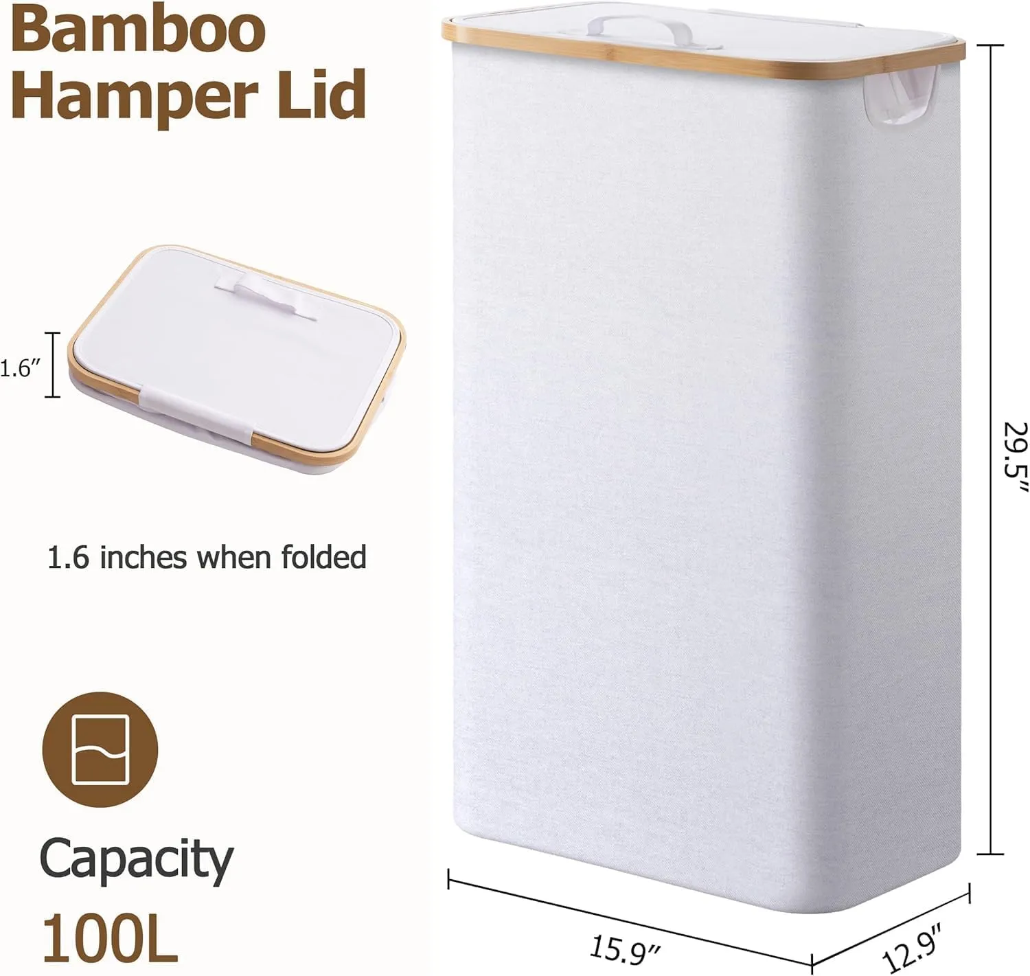 HBlife 60L Slim Laundry Hamper with Lid and Removable Inner Bag, Narrow Collapsible Dirty Clothes Basket for Bathroom, Bedroom and Laundry Room, White