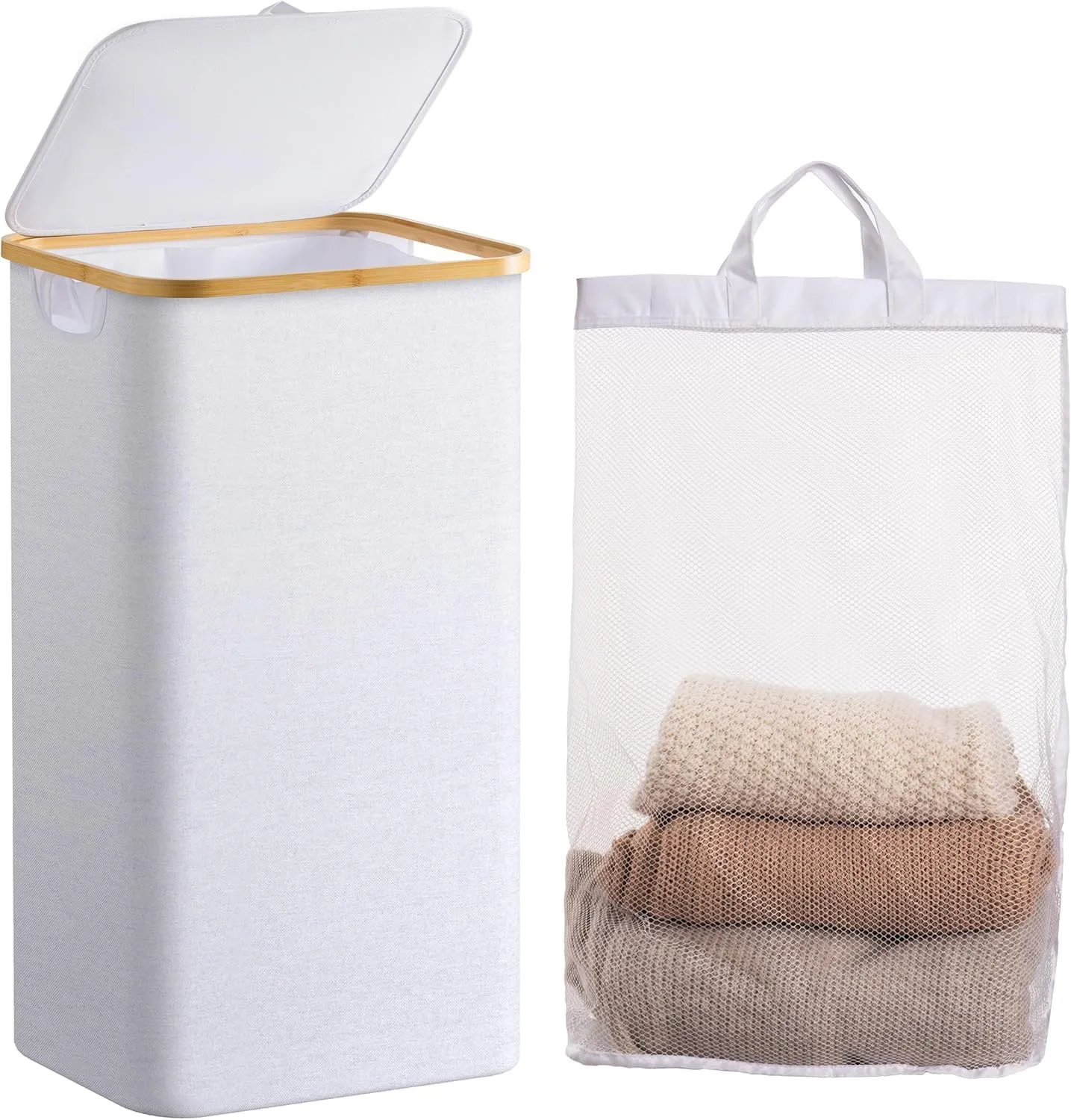 HBlife 60L Slim Laundry Hamper with Lid and Removable Inner Bag, Narrow Collapsible Dirty Clothes Basket for Bathroom, Bedroom and Laundry Room, White