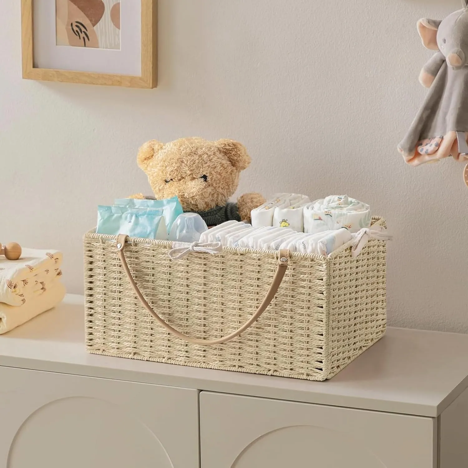 HBlife Large Baby Diaper Caddy Organizer, Paper Rope Storage Baskets Nursery Bin with Removable Divider, Portable Car Organizer for Diapers, Baby Shower Gifts, Newborn Essentials Must Haves