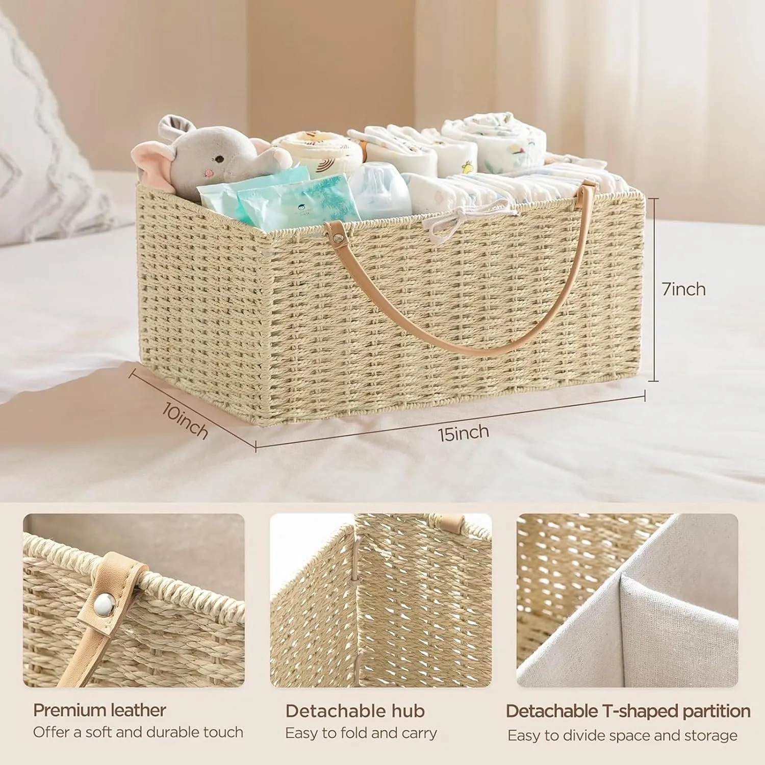 HBlife Large Baby Diaper Caddy Organizer, Paper Rope Storage Baskets Nursery Bin with Removable Divider, Portable Car Organizer for Diapers, Baby Shower Gifts, Newborn Essentials Must Haves