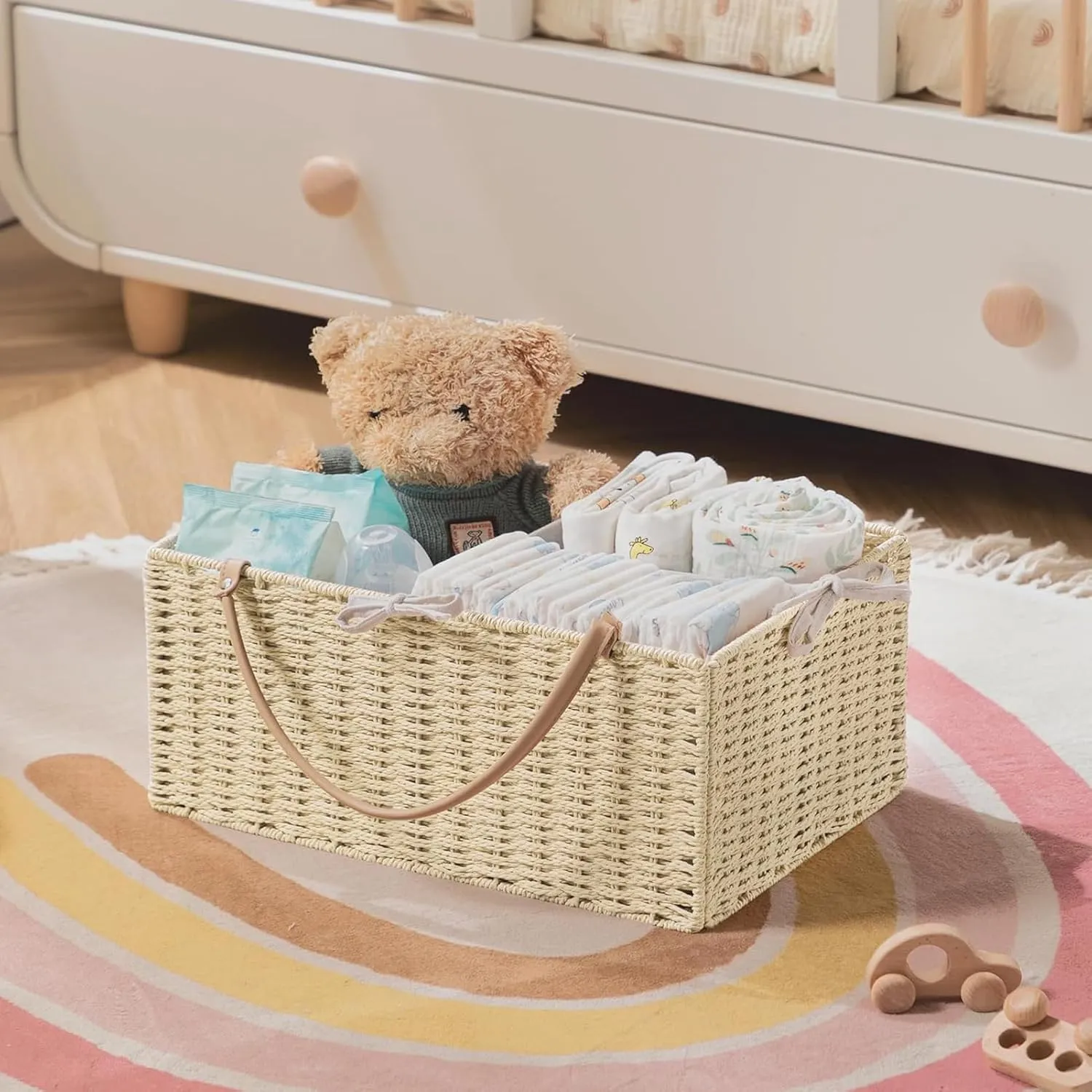 HBlife Large Baby Diaper Caddy Organizer, Paper Rope Storage Baskets Nursery Bin with Removable Divider, Portable Car Organizer for Diapers, Baby Shower Gifts, Newborn Essentials Must Haves