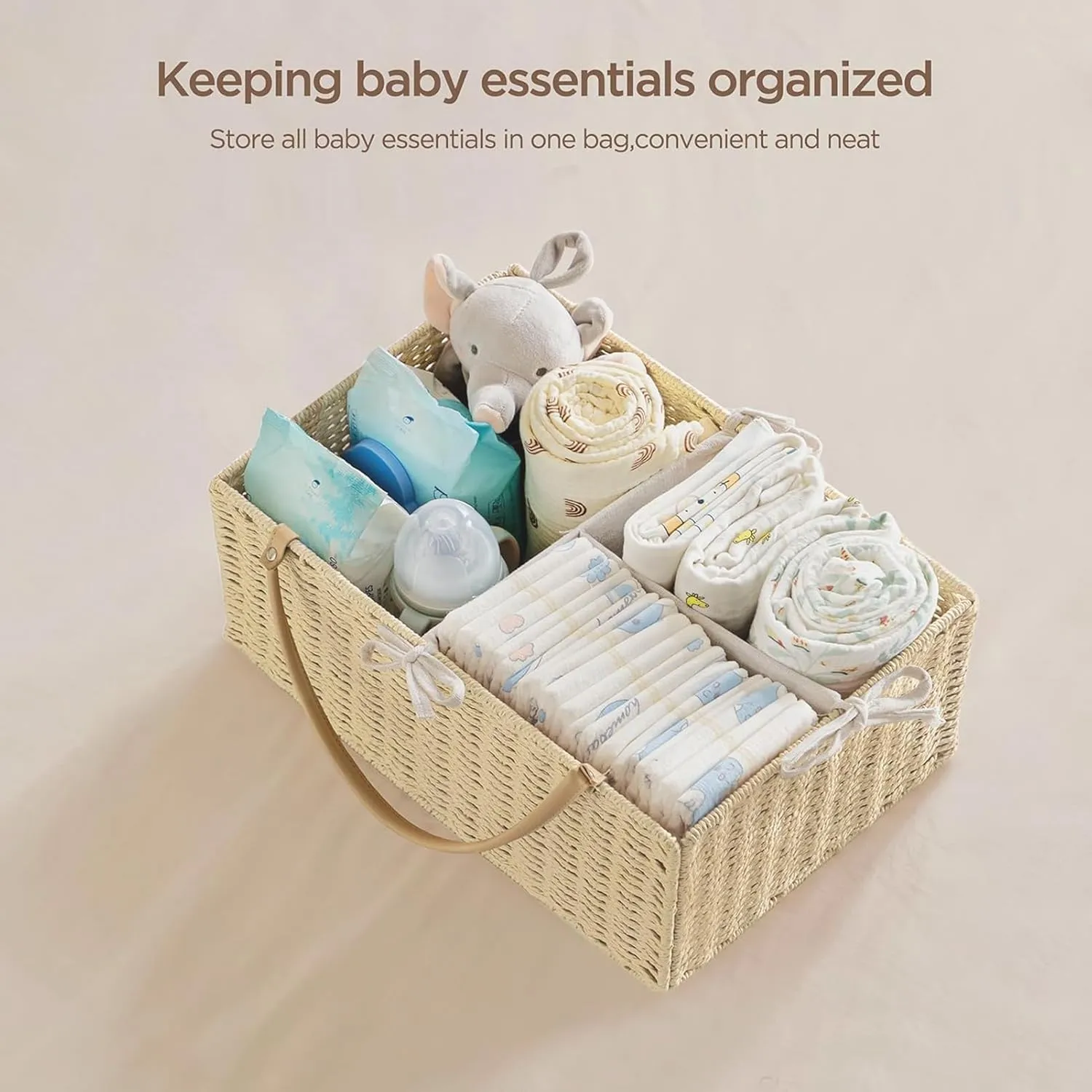 HBlife Large Baby Diaper Caddy Organizer, Paper Rope Storage Baskets Nursery Bin with Removable Divider, Portable Car Organizer for Diapers, Baby Shower Gifts, Newborn Essentials Must Haves