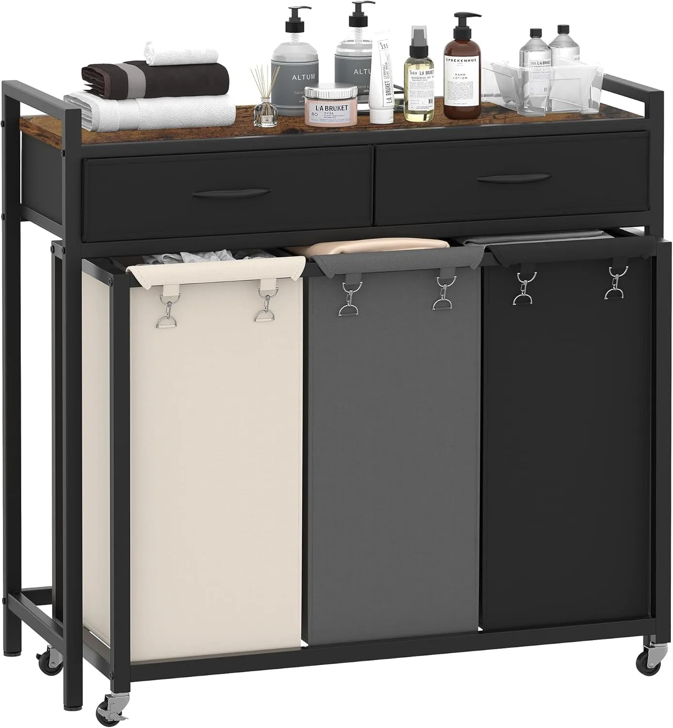 Heybly Laundry Hampers, 126L Laundry Basket with 3 Section Pull-Out Rolling Bags,Laundry Sorter with 2 Pull-Out Storage Drawers for Laundry Room organization and Bathroom Rustic Brown HLH005SR