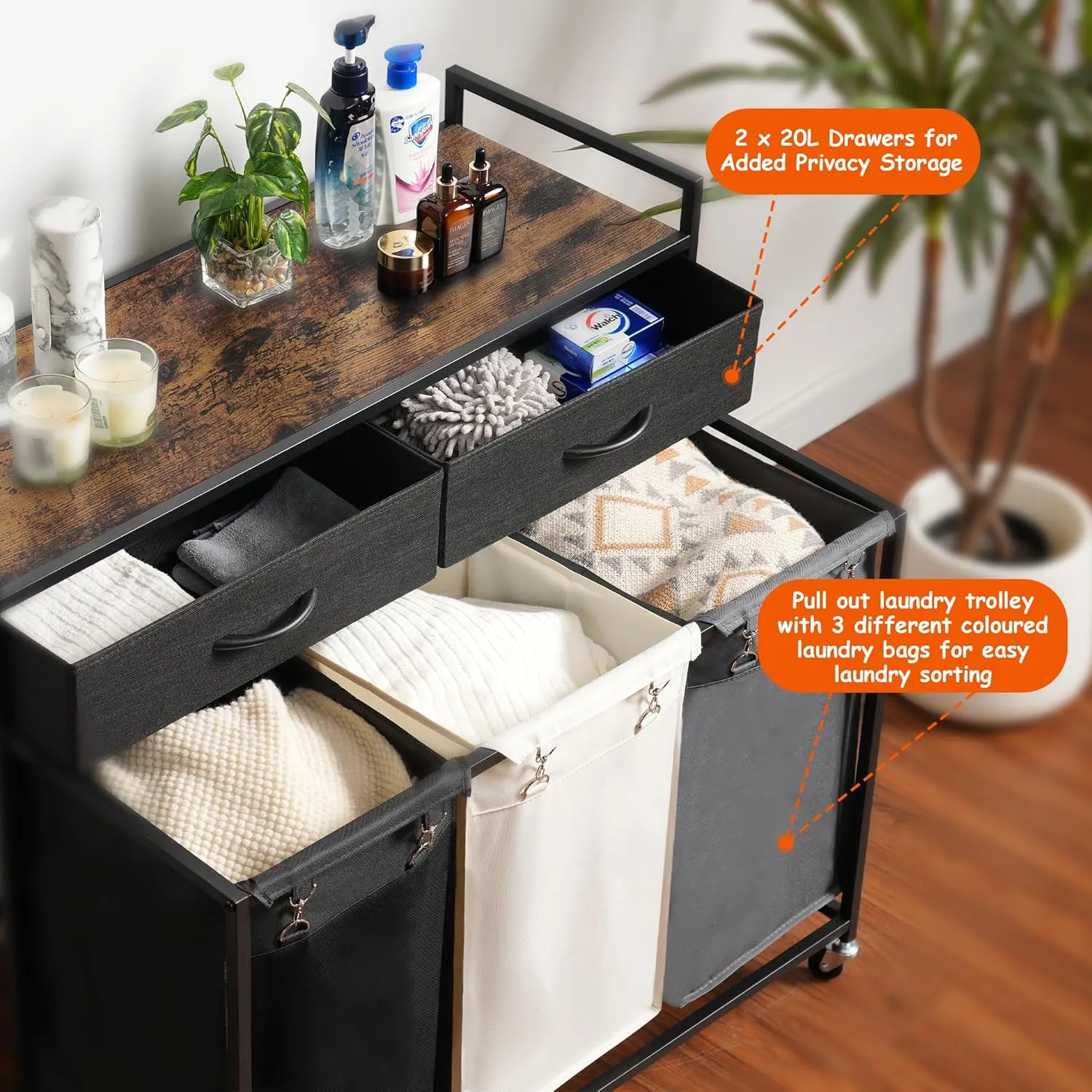 Heybly Laundry Hampers, 126L Laundry Basket with 3 Section Pull-Out Rolling Bags,Laundry Sorter with 2 Pull-Out Storage Drawers for Laundry Room organization and Bathroom Rustic Brown HLH005SR