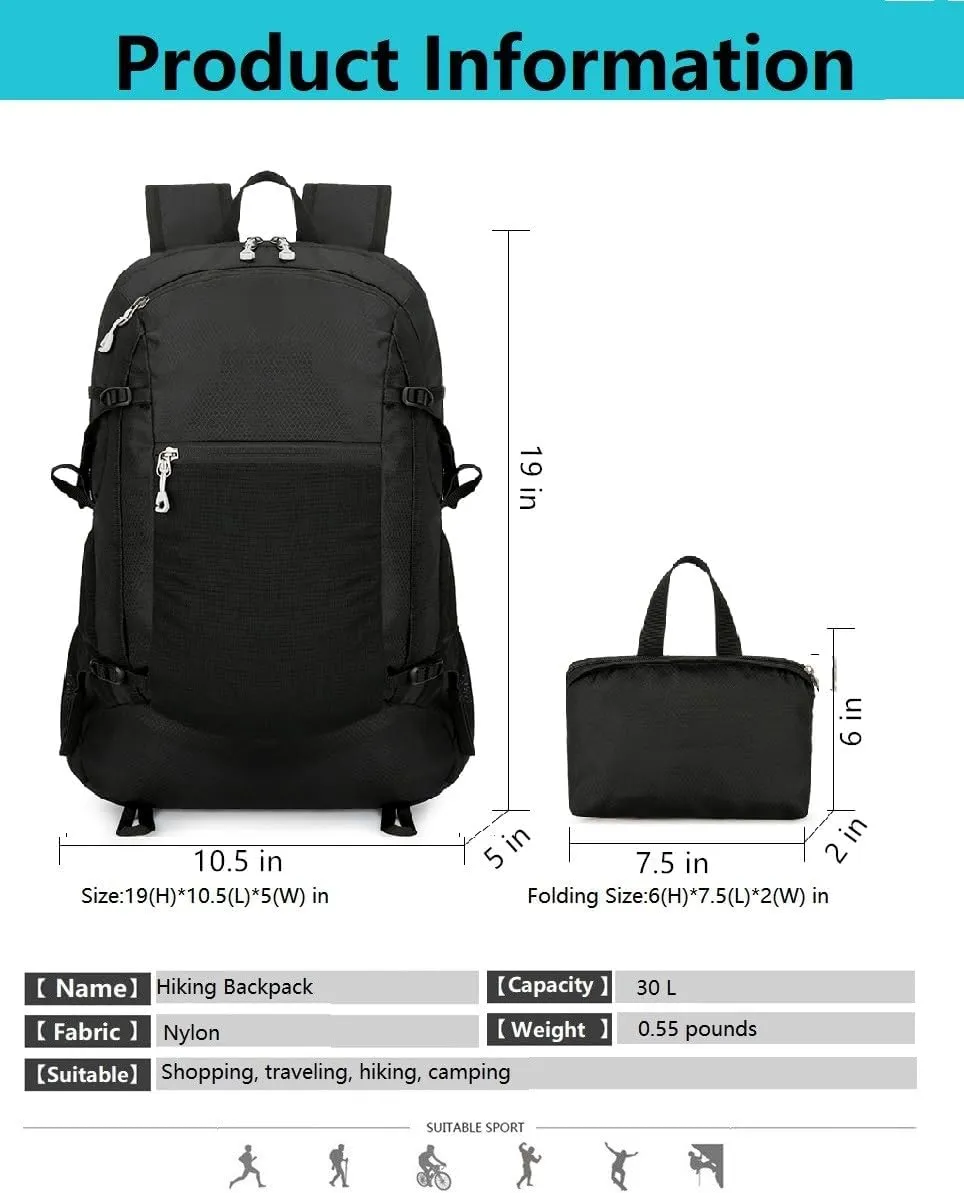 Hiking Backpack Daypack Lightweight Packable Travel Outdoor Camping Ultra Foldable Day Pack for Woman Man (Black, 30L)
