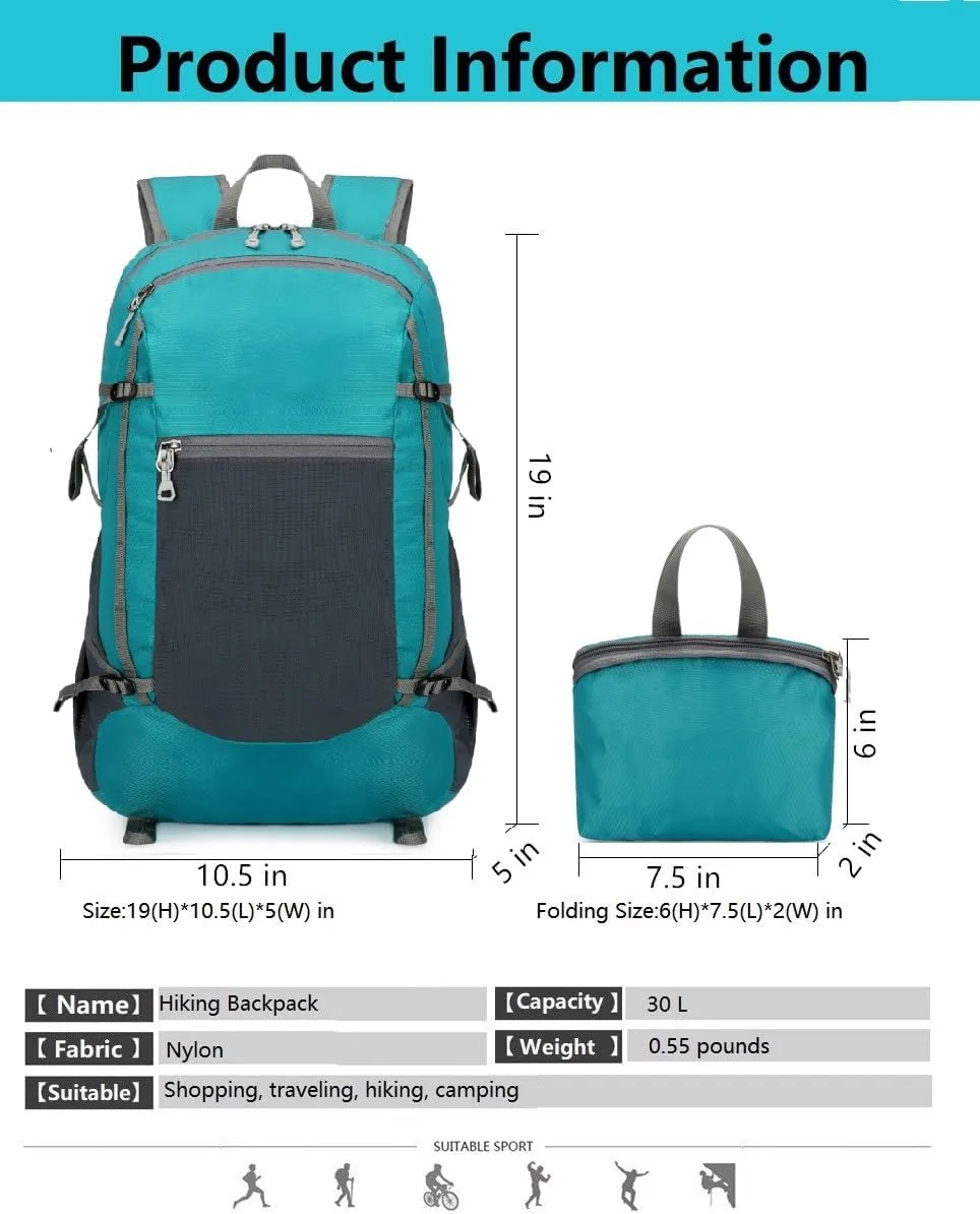 Hiking Backpack Daypack Lightweight Packable Travel Outdoor Camping Ultra Foldable Day Pack for Woman Man (Lake Blue, 30L)
