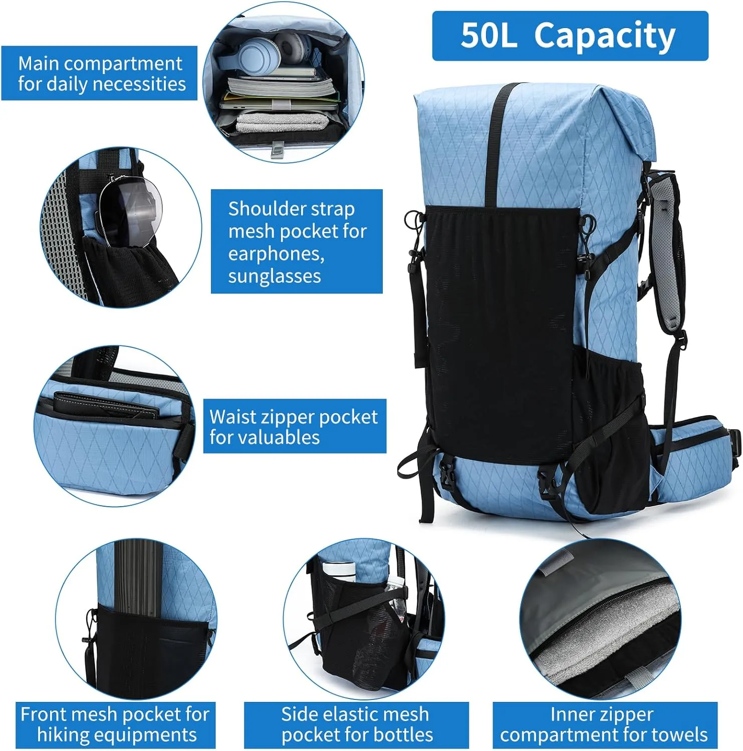 Hiking Backpack,40L to 50L Extra Large Capacity Hiking Bag, Internal Frame Camping Backpack, Upgraded X-PAC Lightweight Sport Daypack Travel Backpack Fit For Mountain Climbing Camping(Blue)