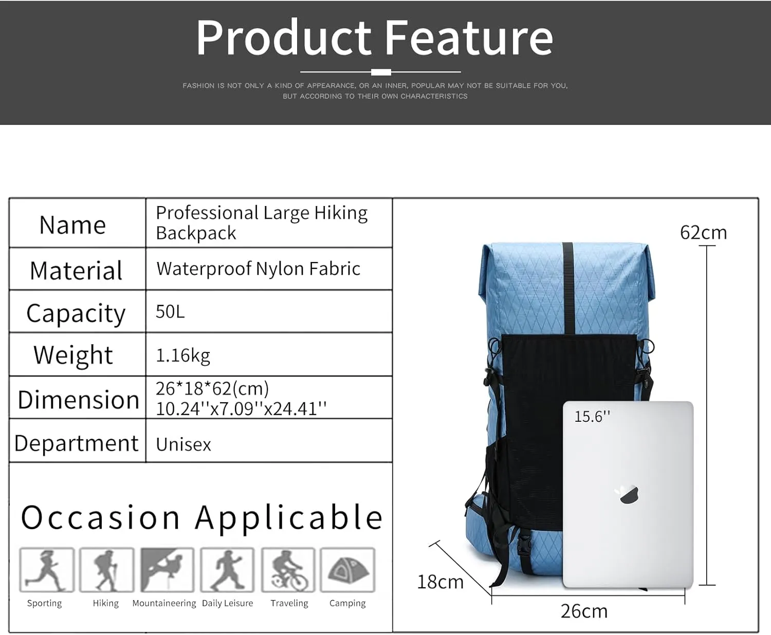Hiking Backpack,40L to 50L Extra Large Capacity Hiking Bag, Internal Frame Camping Backpack, Upgraded X-PAC Lightweight Sport Daypack Travel Backpack Fit For Mountain Climbing Camping(Blue)