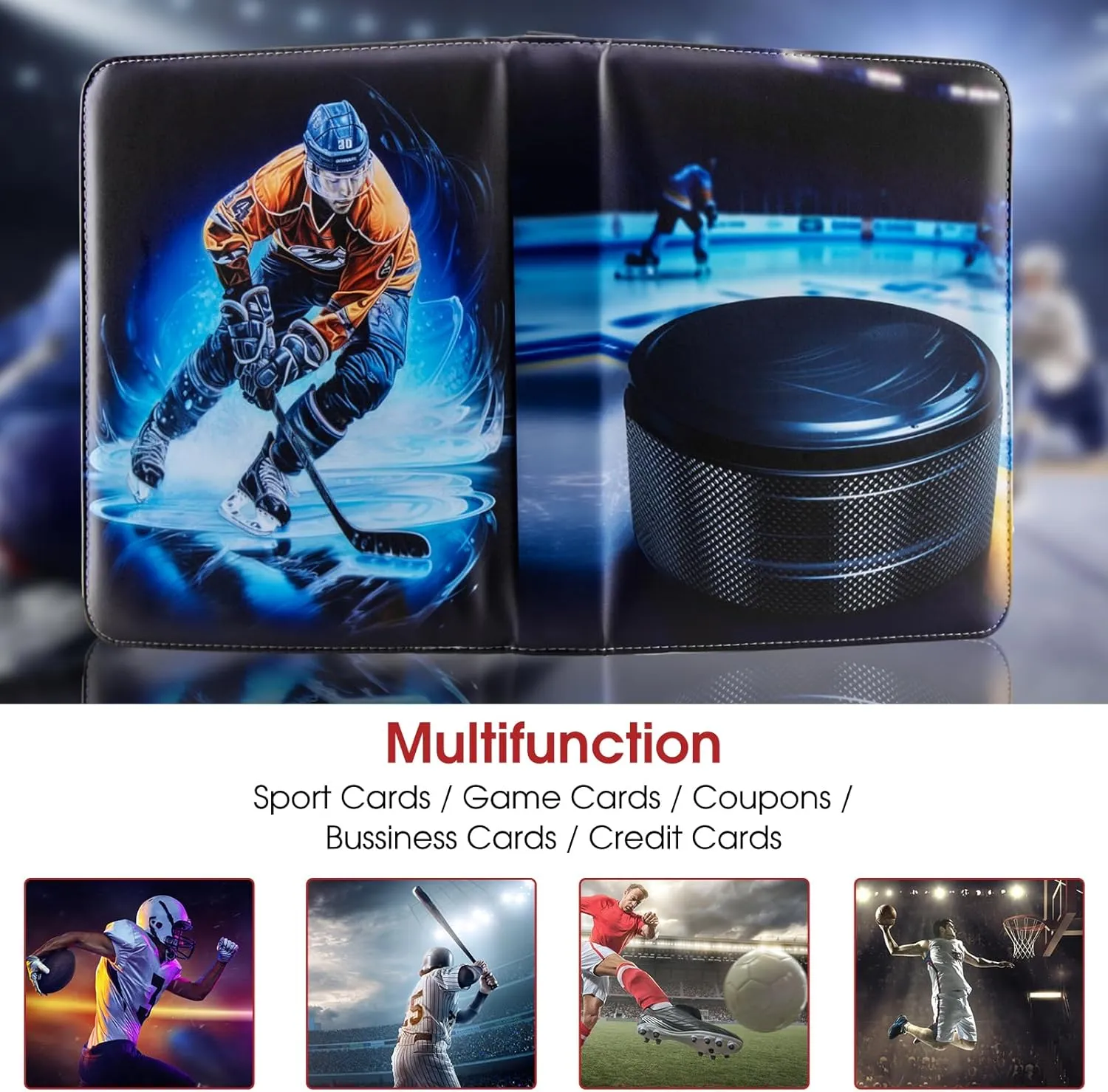 Hockey Card Binder with Sleeves, 900 Pocket Hockey Card Holder for Trading Cards, 9 Pocket with 50 Removable Sleeves Zipper Book Folder Collector Album 3 Ring Binder Organizer Storage Kids Gift