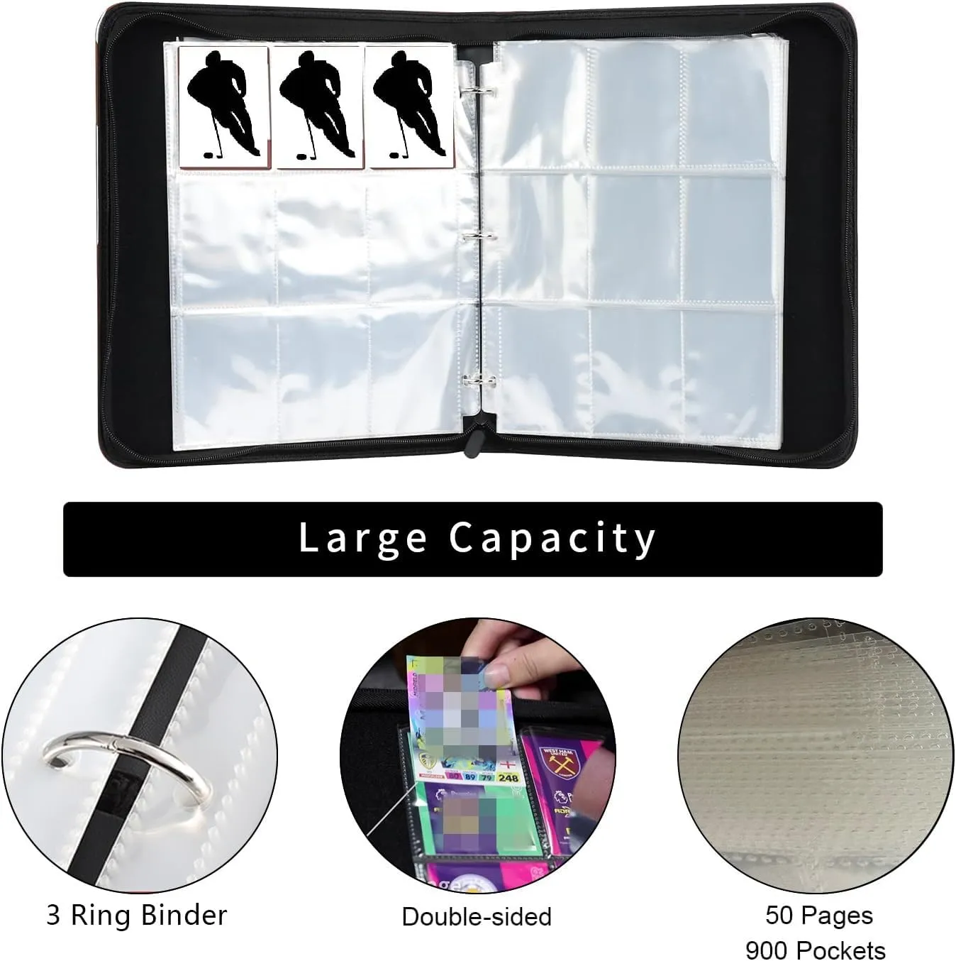 Hockey Card Binder with Sleeves, 900 Pocket Hockey Card Holder for Trading Cards, 9 Pocket with 50 Removable Sleeves Zipper Book Folder Collector Album 3 Ring Binder Organizer Storage Kids Gift