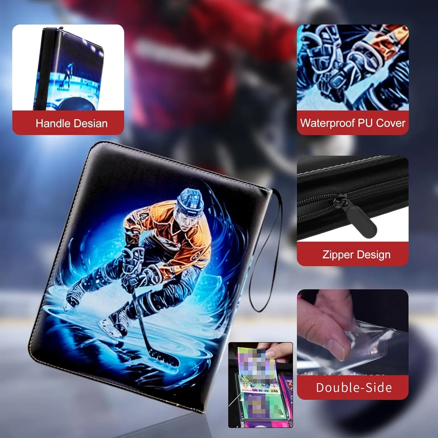 Hockey Card Binder with Sleeves, 900 Pocket Hockey Card Holder for Trading Cards, 9 Pocket with 50 Removable Sleeves Zipper Book Folder Collector Album 3 Ring Binder Organizer Storage Kids Gift