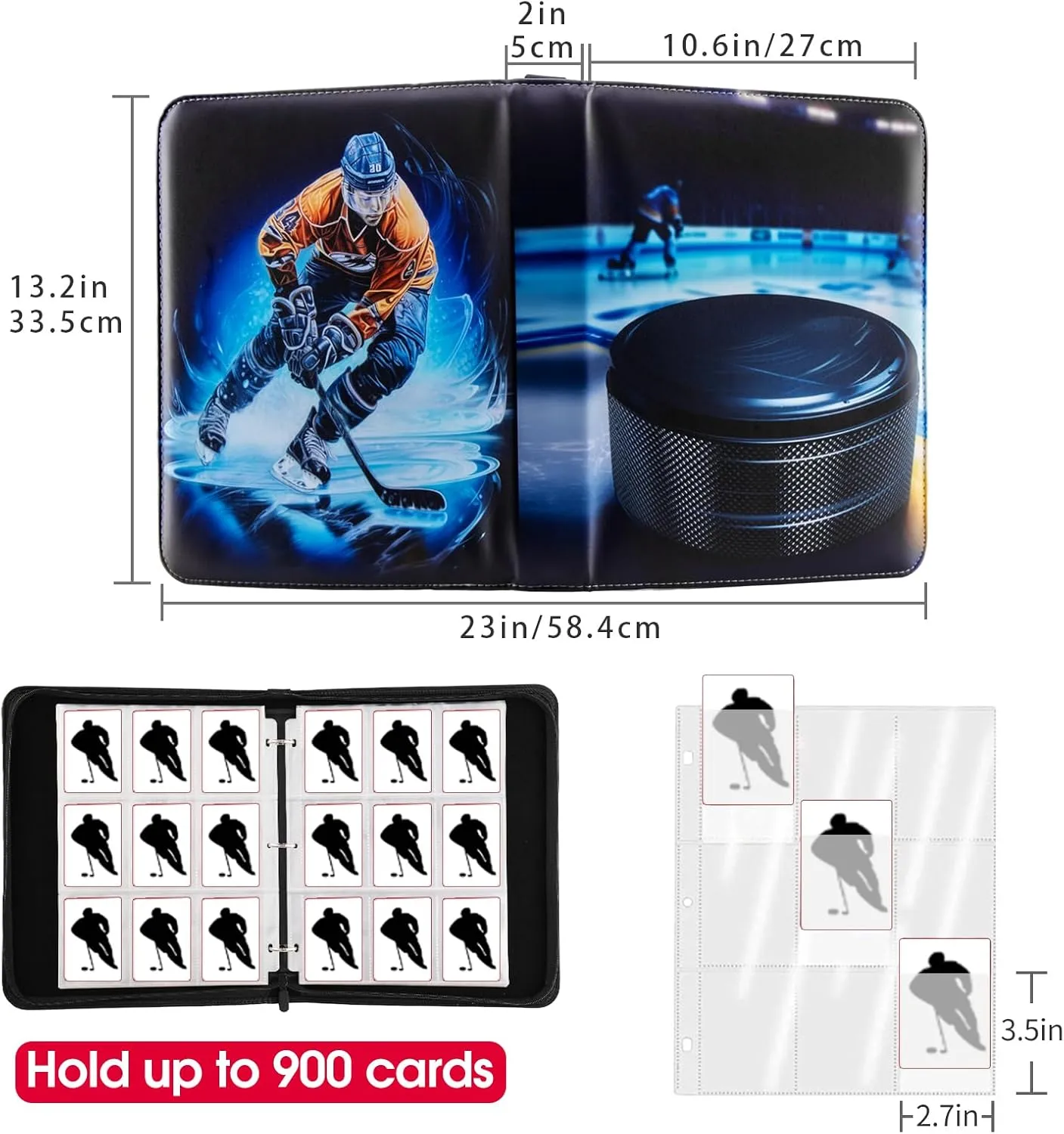 Hockey Card Binder with Sleeves, 900 Pocket Hockey Card Holder for Trading Cards, 9 Pocket with 50 Removable Sleeves Zipper Book Folder Collector Album 3 Ring Binder Organizer Storage Kids Gift