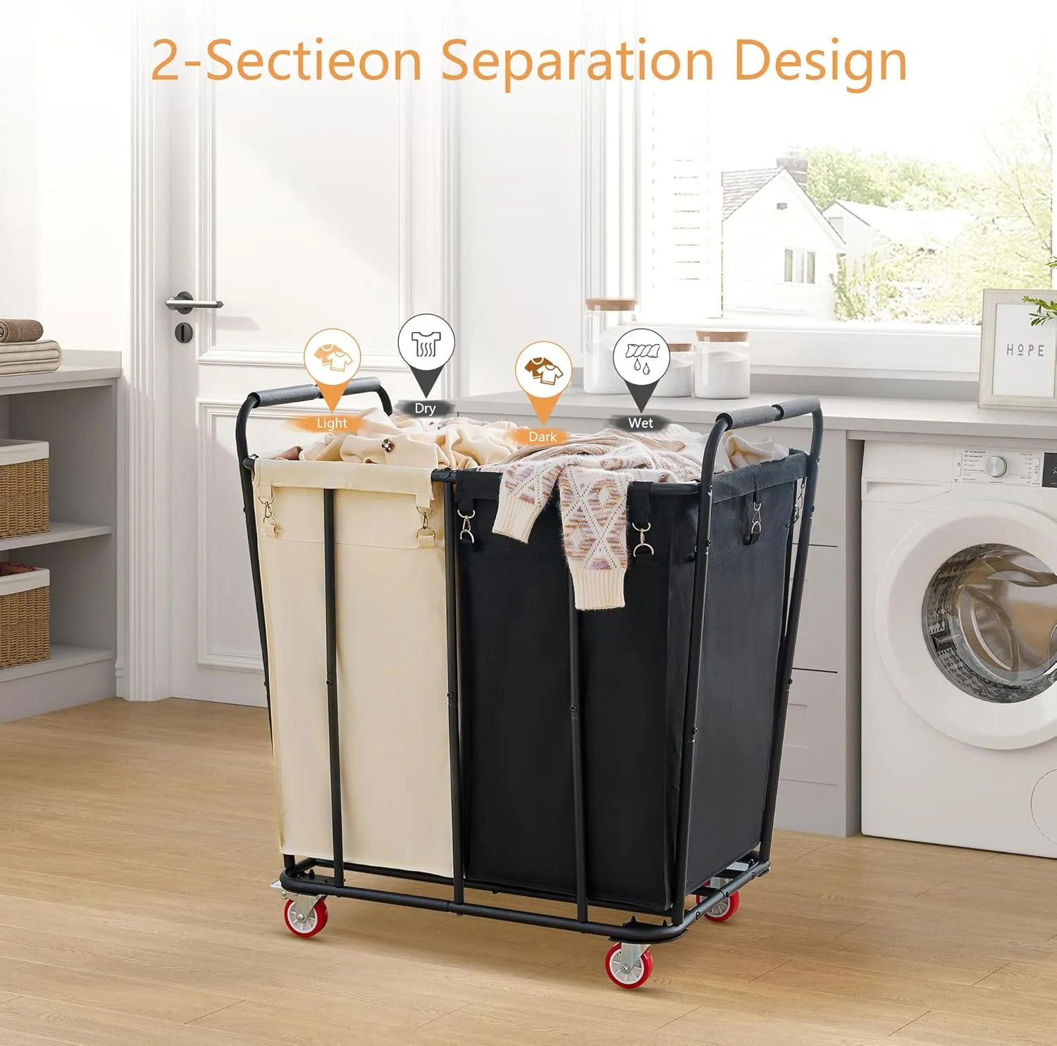 Hoctieon 2 Section Laundry Sorter Cart, 400L Rolling Hamper with Wheels, Industrial Laundry Basket Organizer, Extra Large Dirty Clothes Hamper for Home & Hotel, Heavy Duty, Black Beige