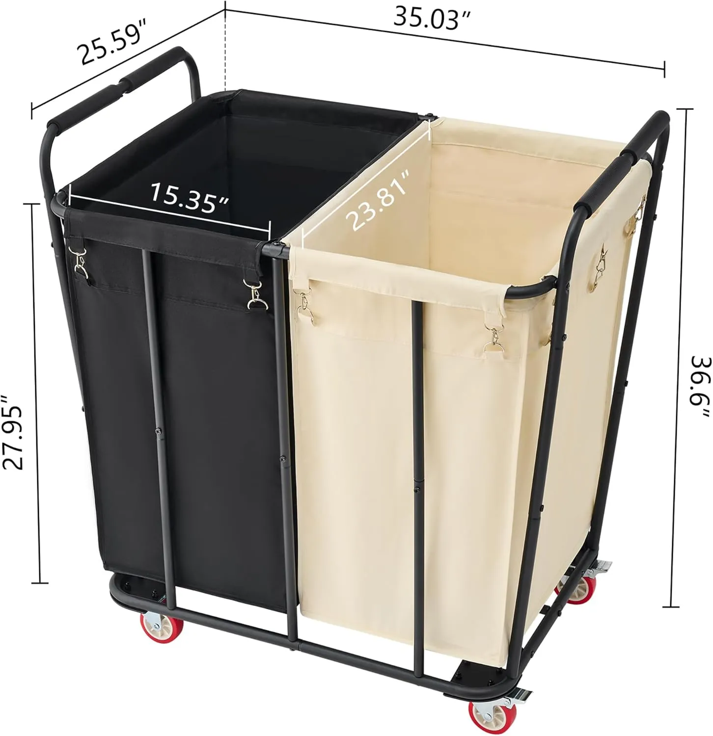 Hoctieon 2 Section Laundry Sorter Cart, 400L Rolling Hamper with Wheels, Industrial Laundry Basket Organizer, Extra Large Dirty Clothes Hamper for Home & Hotel, Heavy Duty, Black Beige