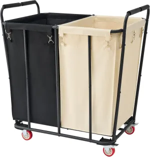 Hoctieon 2 Section Laundry Sorter Cart, 400L Rolling Hamper with Wheels, Industrial Laundry Basket Organizer, Extra Large Dirty Clothes Hamper for Home & Hotel, Heavy Duty, Black Beige