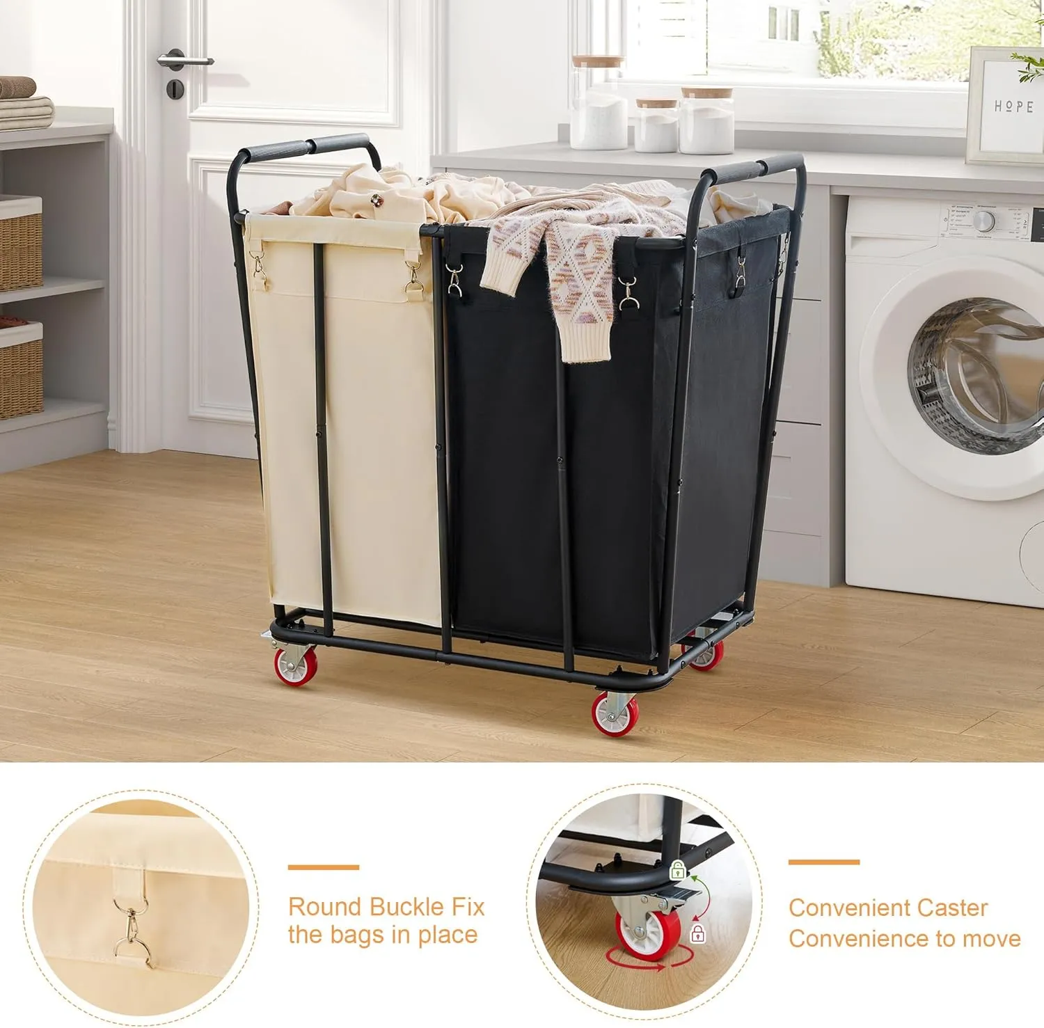 Hoctieon 2 Section Laundry Sorter Cart, 400L Rolling Hamper with Wheels, Industrial Laundry Basket Organizer, Extra Large Dirty Clothes Hamper for Home & Hotel, Heavy Duty, Black Beige