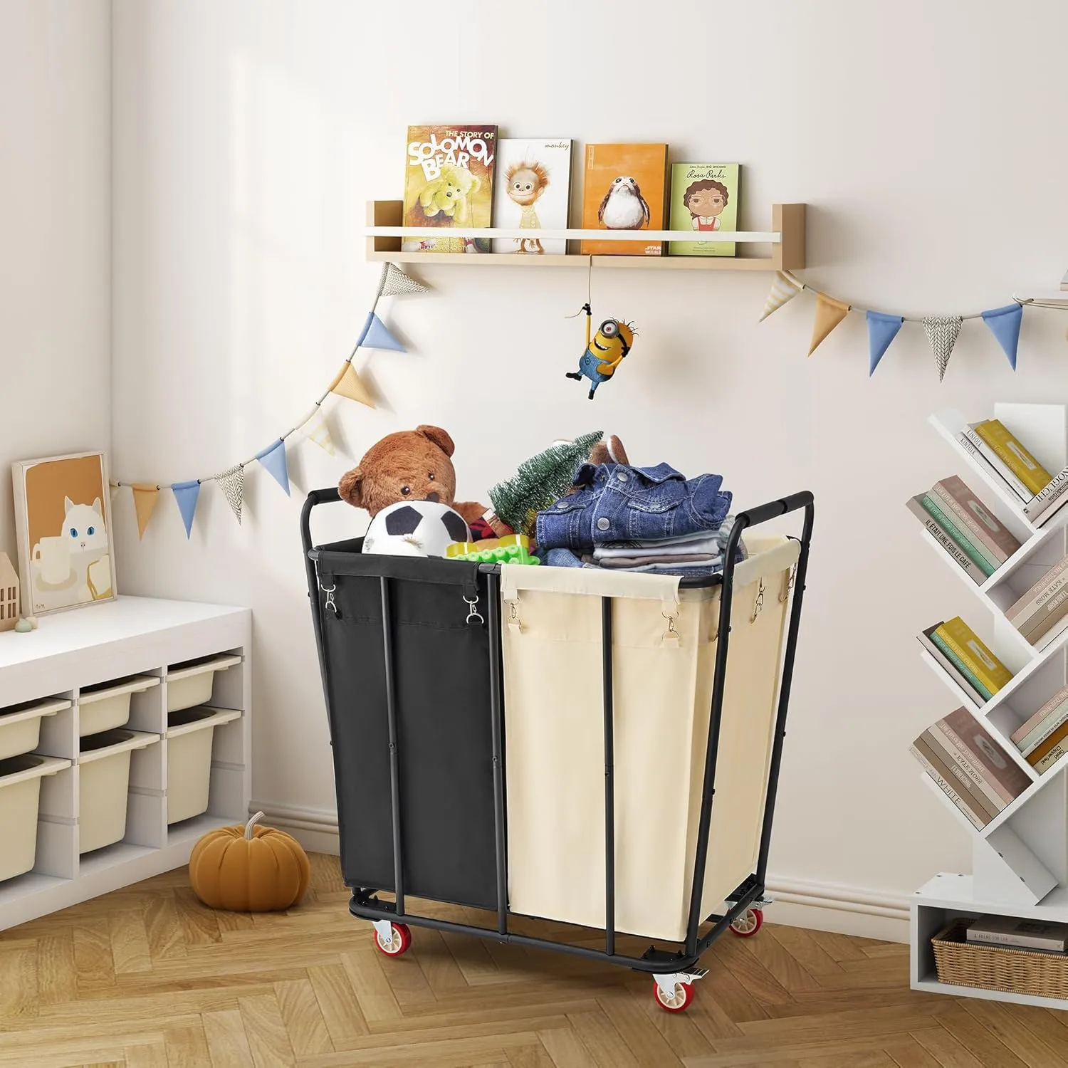 Hoctieon 2 Section Laundry Sorter Cart, 400L Rolling Hamper with Wheels, Industrial Laundry Basket Organizer, Extra Large Dirty Clothes Hamper for Home & Hotel, Heavy Duty, Black Beige